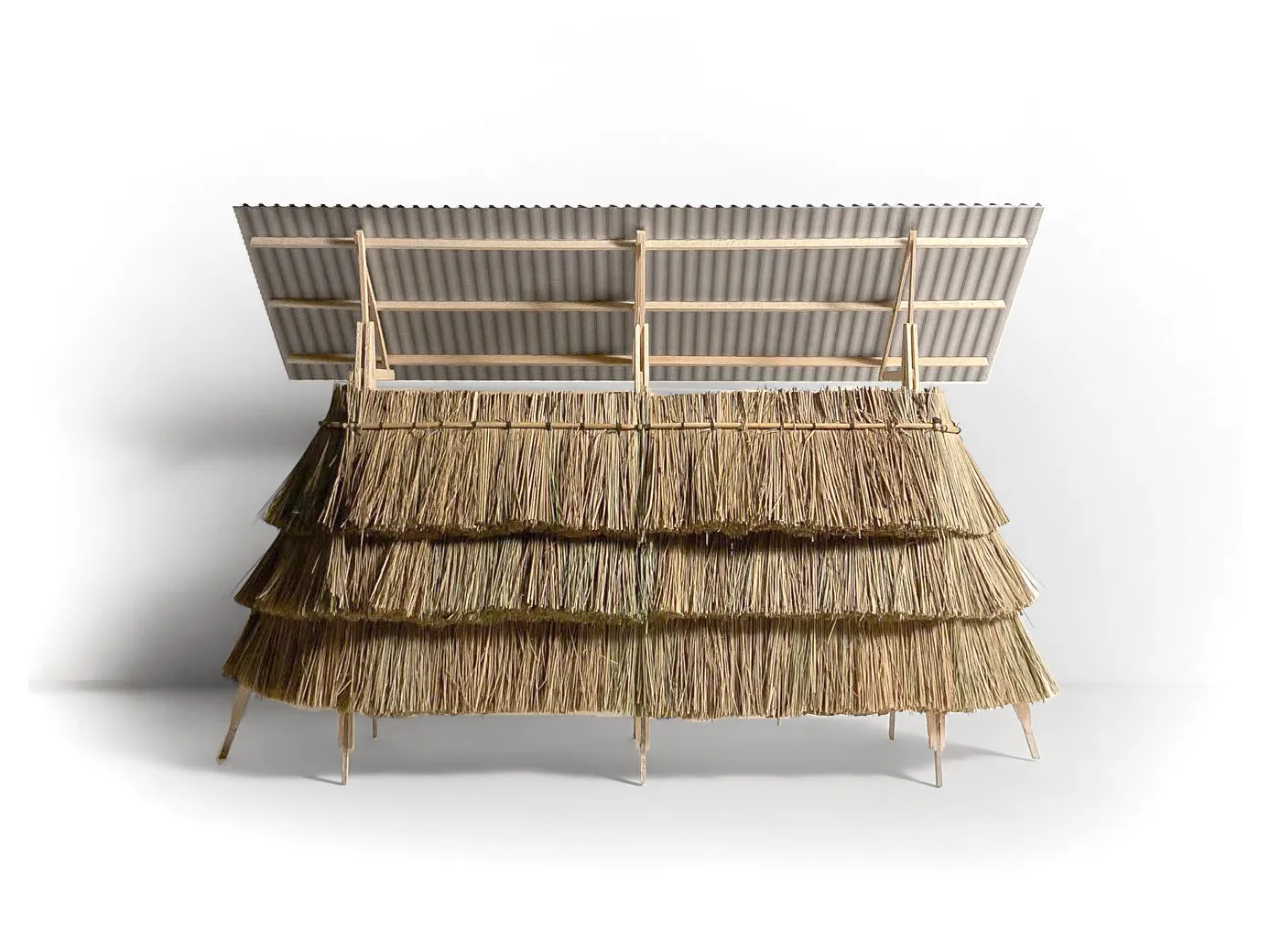Structure with thatched straw layers and a corrugated metal roof supported by wooden frame, model architecture.