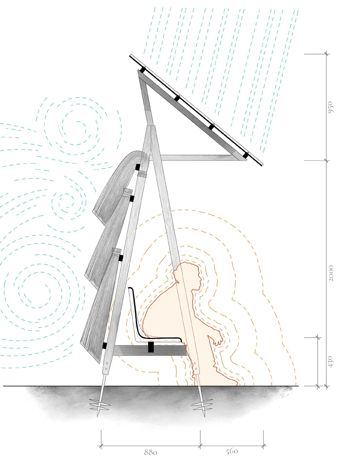 Technical side view of a wooden structure with curved panels and a seat, showing person outline and measurements.