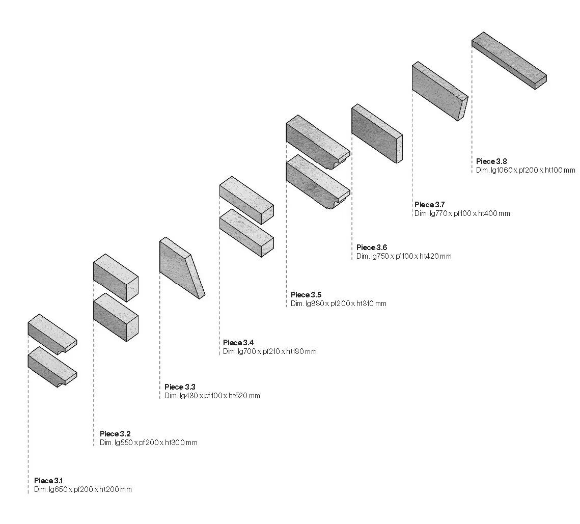 Diagram showing eight labeled rectangular concrete pieces with dimensions in millimeters.