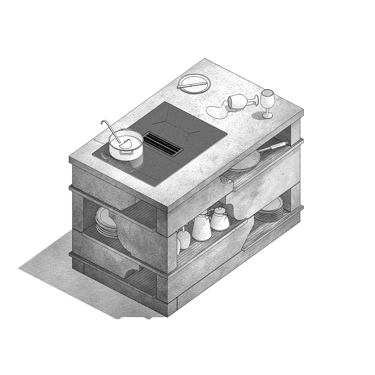 Isometric grayscale kitchen island with stovetop, pot, spilled glass, plates, and cups on shelves.