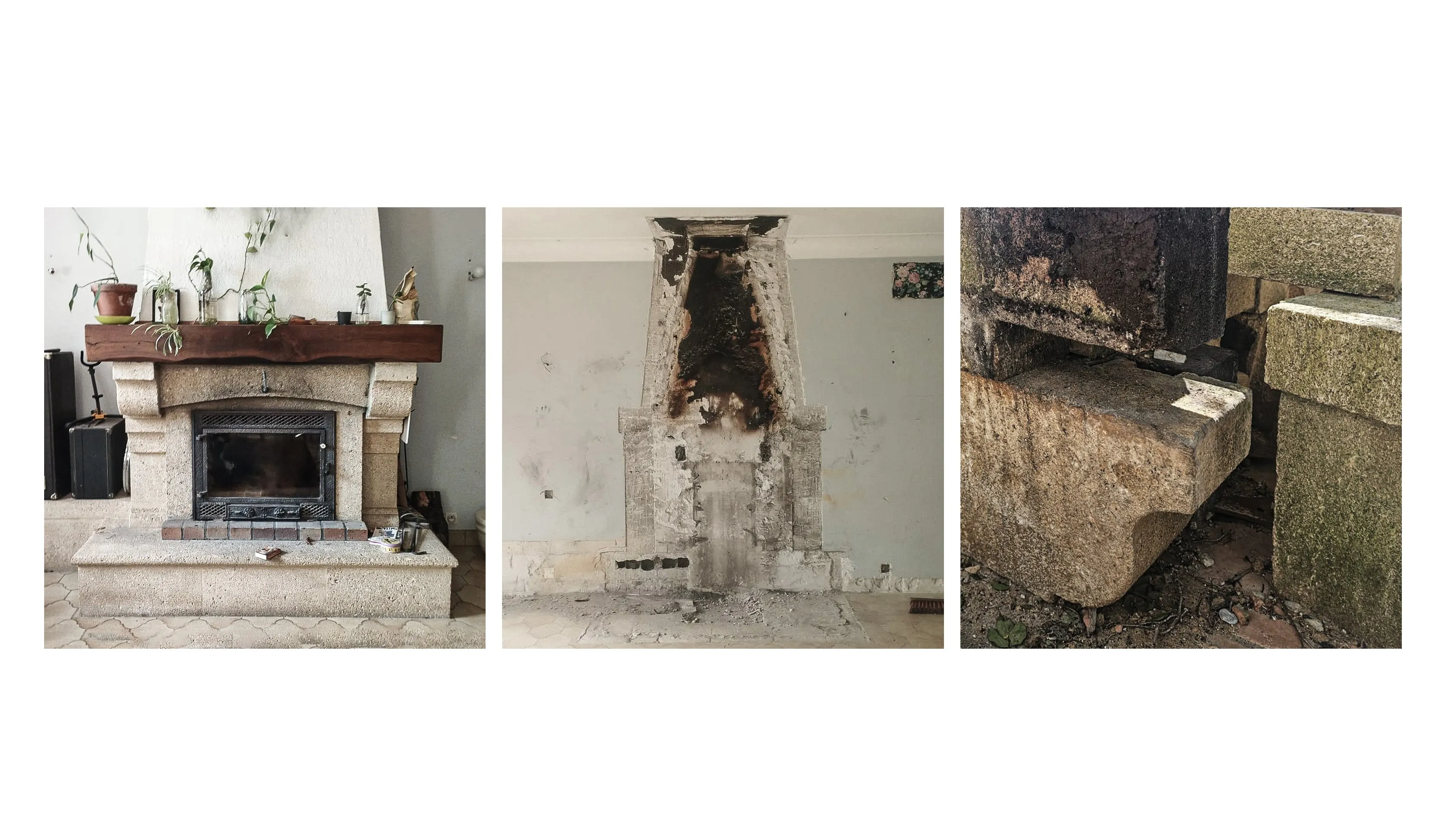 Three images of fireplaces: intact with plants, damaged with soot marks, and close-up of stone blocks.