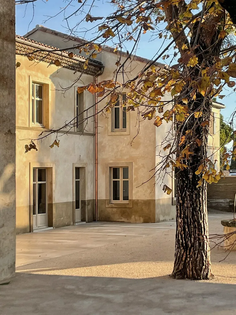 Sunlit beige stucco building with windows and doors partially obscured by a tree with autumn leaves.