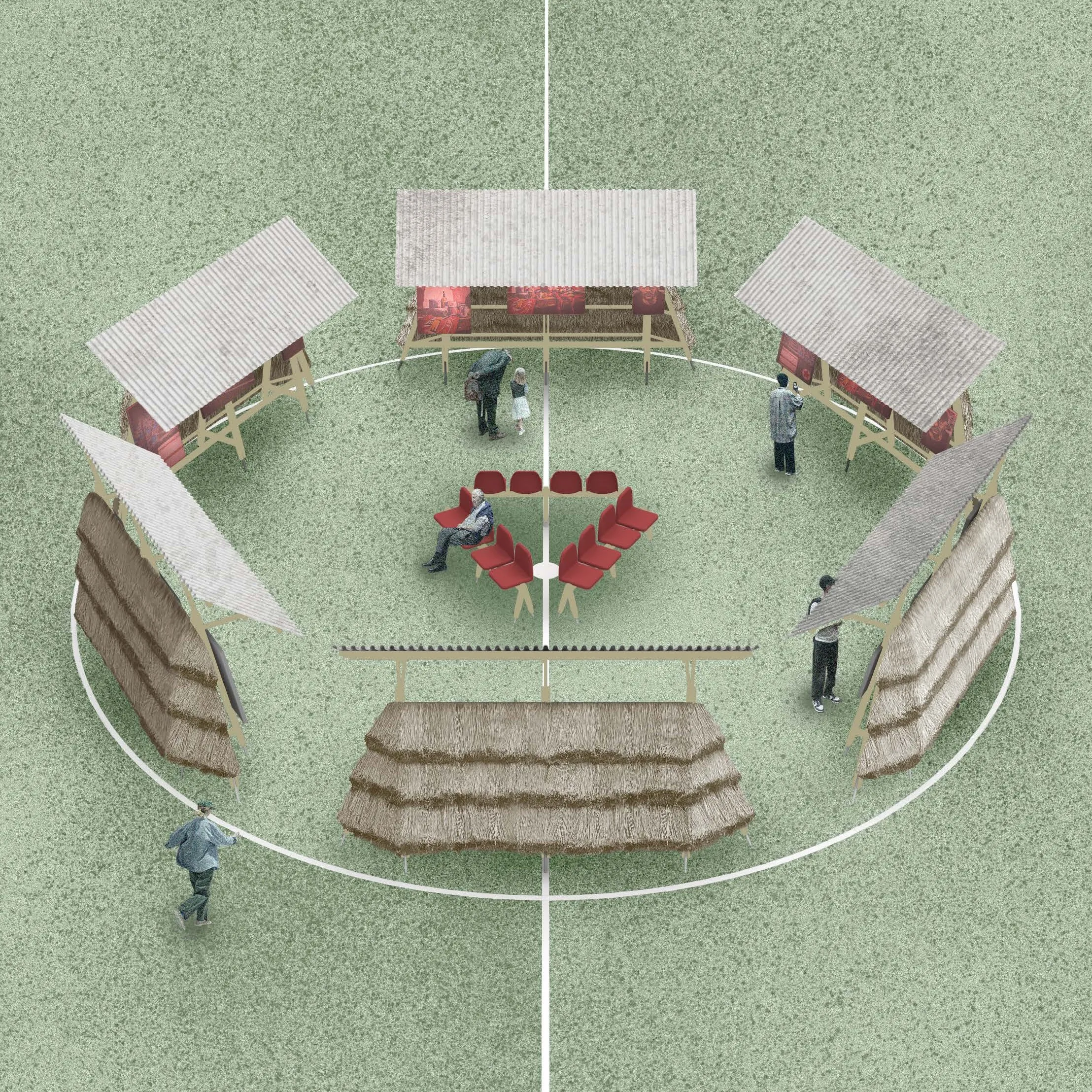 Rocancourt - Outdoor exhibit with six thatched and corrugated shelters arranged circularly around red chairs on football pitch.