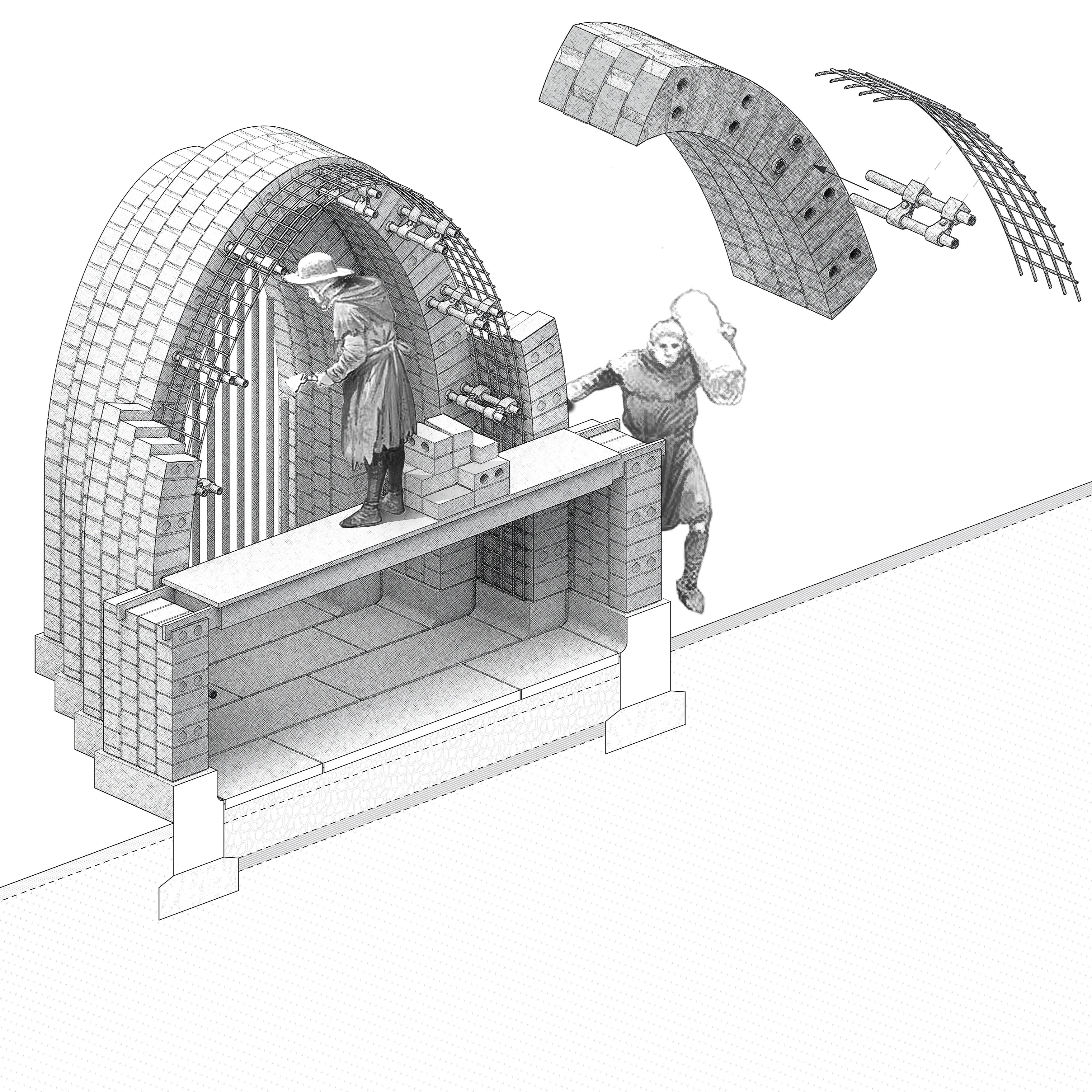 Lambeth - Drawing of two medieval builders constructing an arch with bricks and wooden supports.