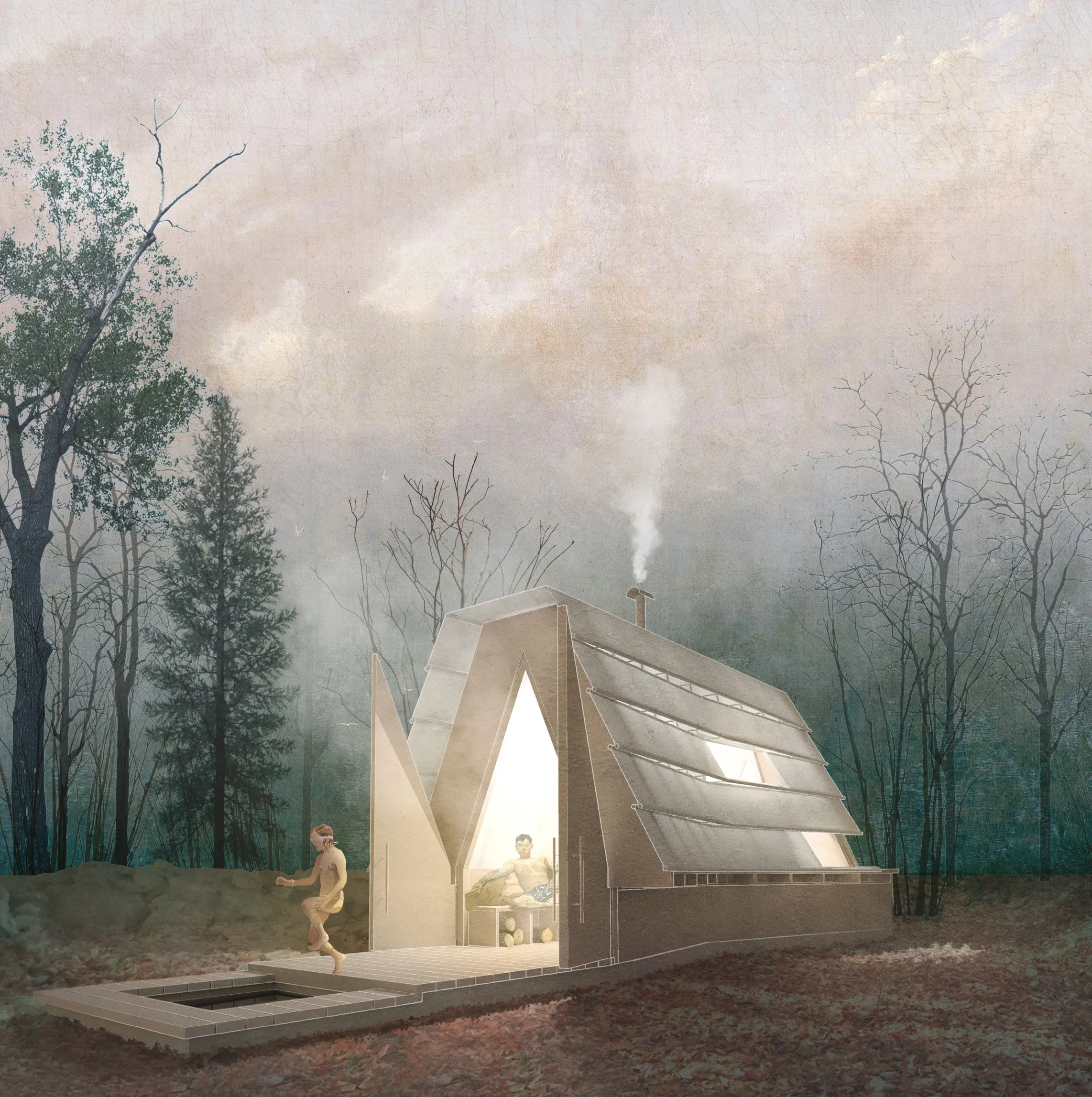 Plourivo - A small A-frame cabin in a forest with two people inside and one stepping into a wooden hot tub outside.