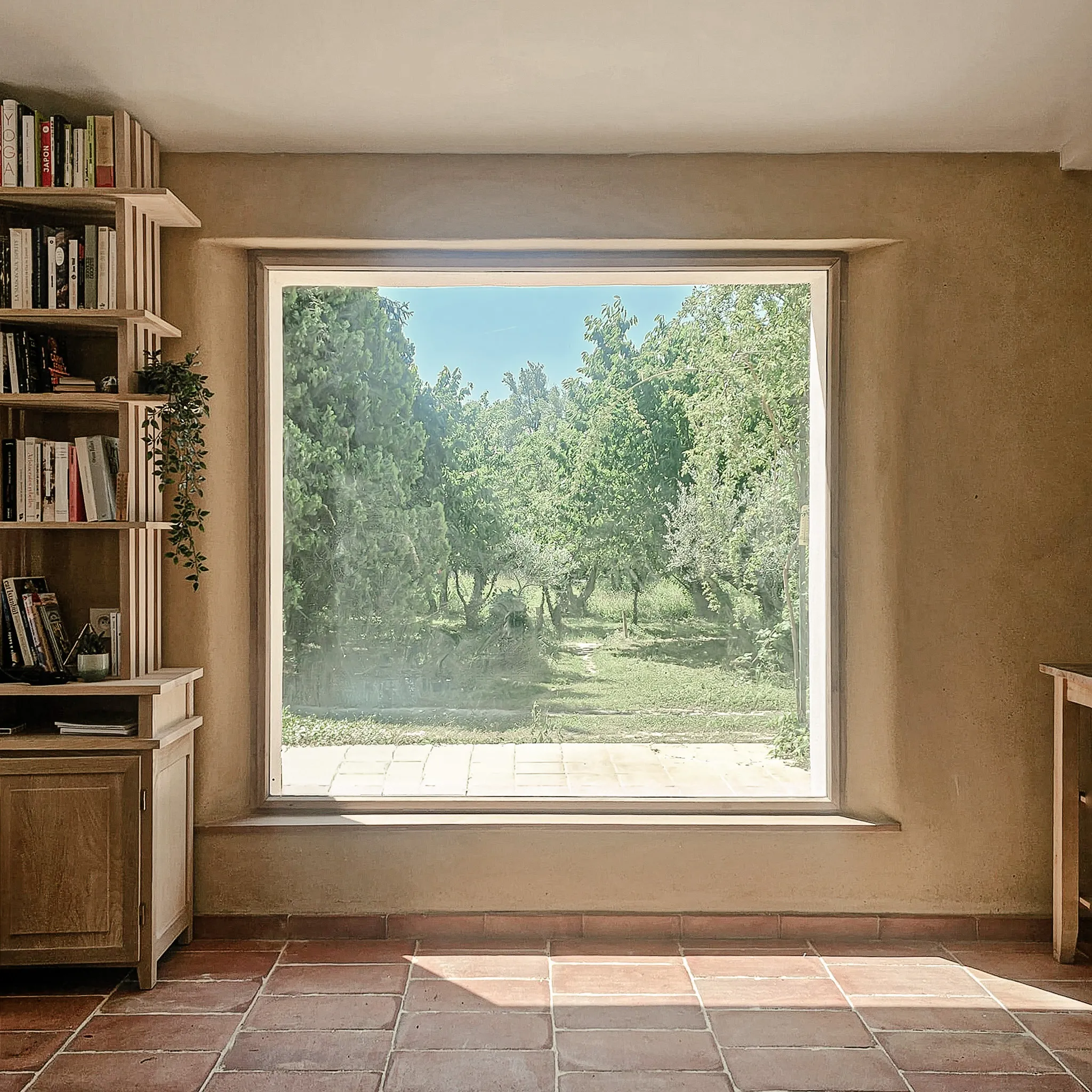 Cabrière - Large window showing green garden with terracota tiled floor indoors and natural earth plaster.