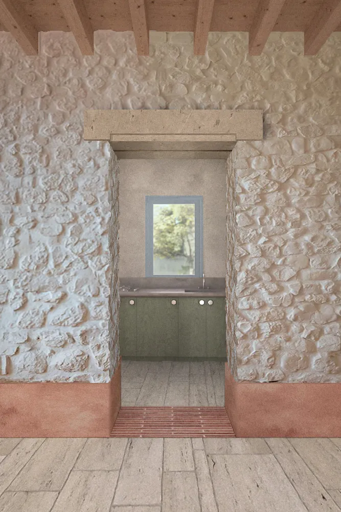 Stone wall entryway opening to small kitchen with green cabinets and window showing trees.