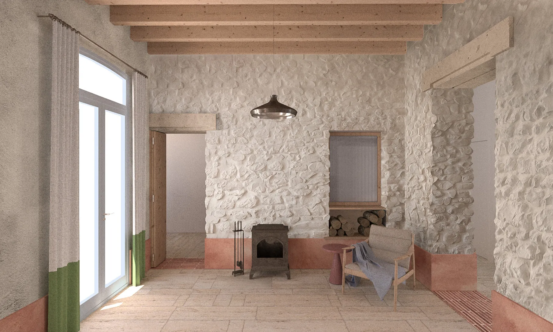 Living room with stone walls, wood stove, armchair with blanket, side table, and light through glass doors.