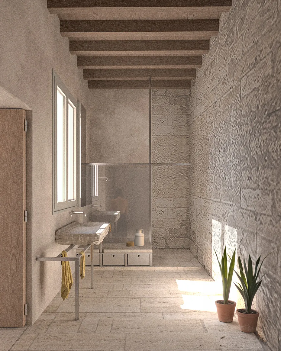Minimalist bathroom with stone walls, two sinks, glass shower, wooden door, and two potted plants.