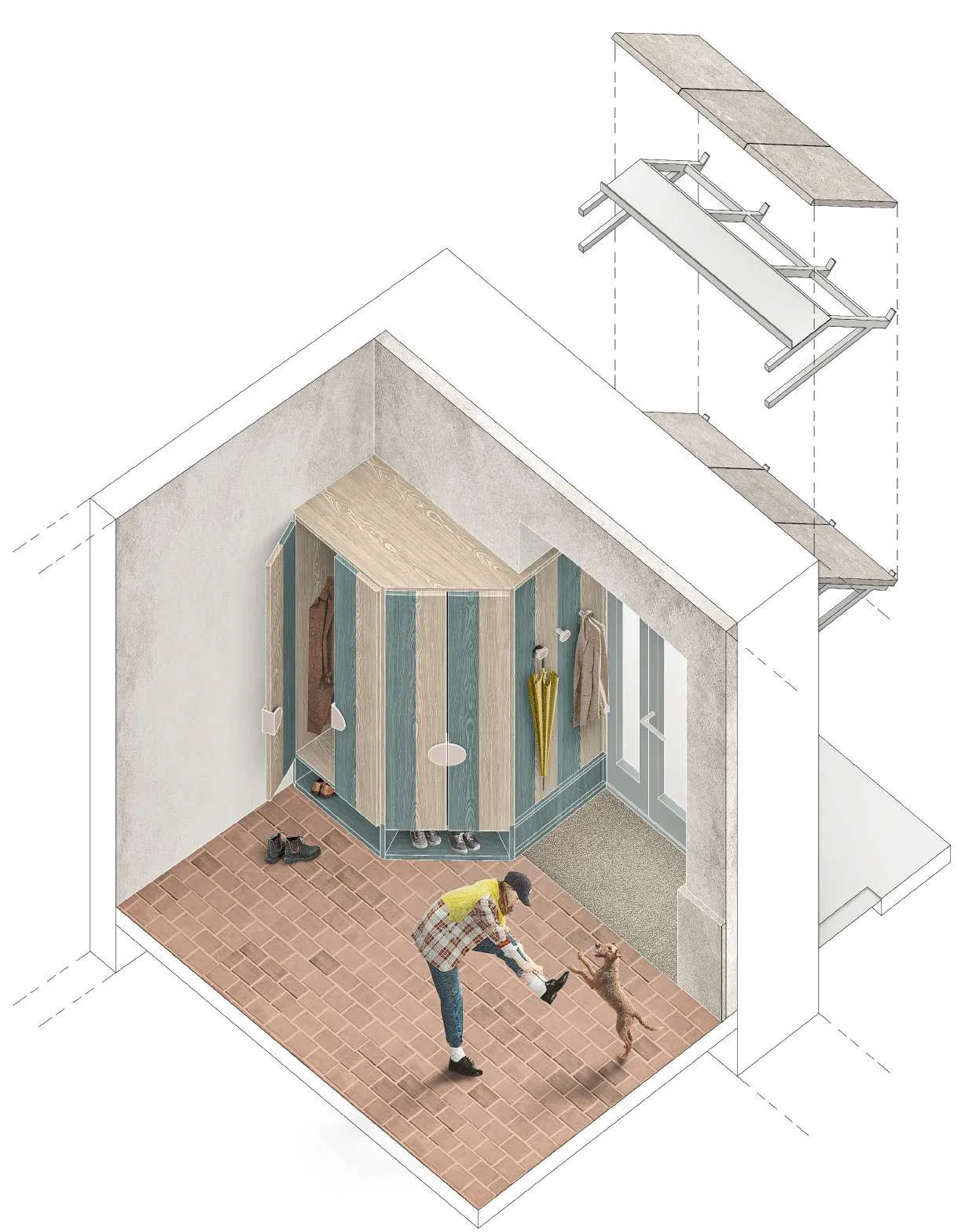 Isometric view of entryway with a person playing with a jumping dog and a corner storage unit.
