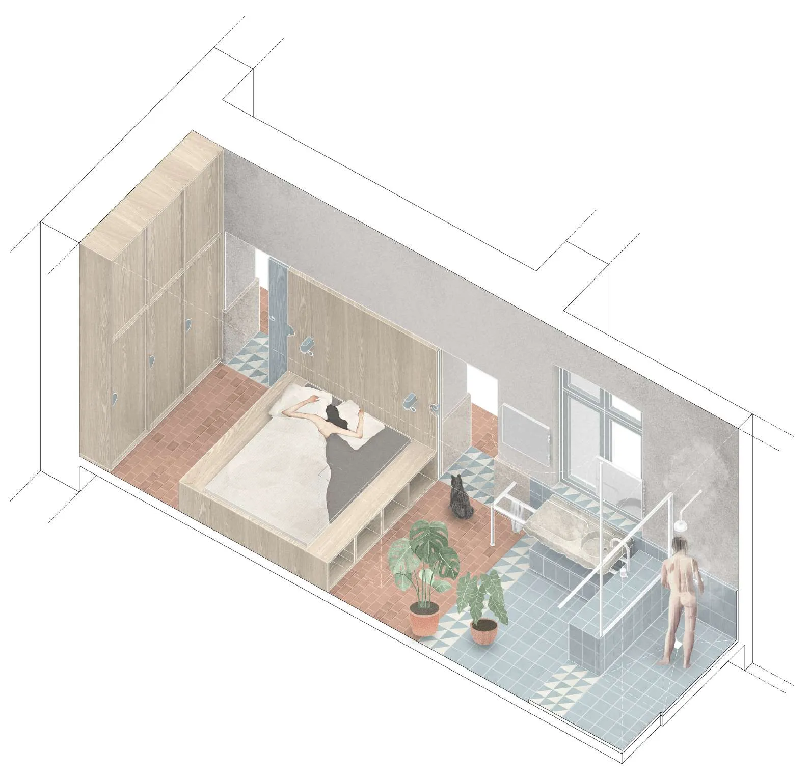 Isometric bedroom and bathroom with woman lying on bed, plants, cat, and person showering.