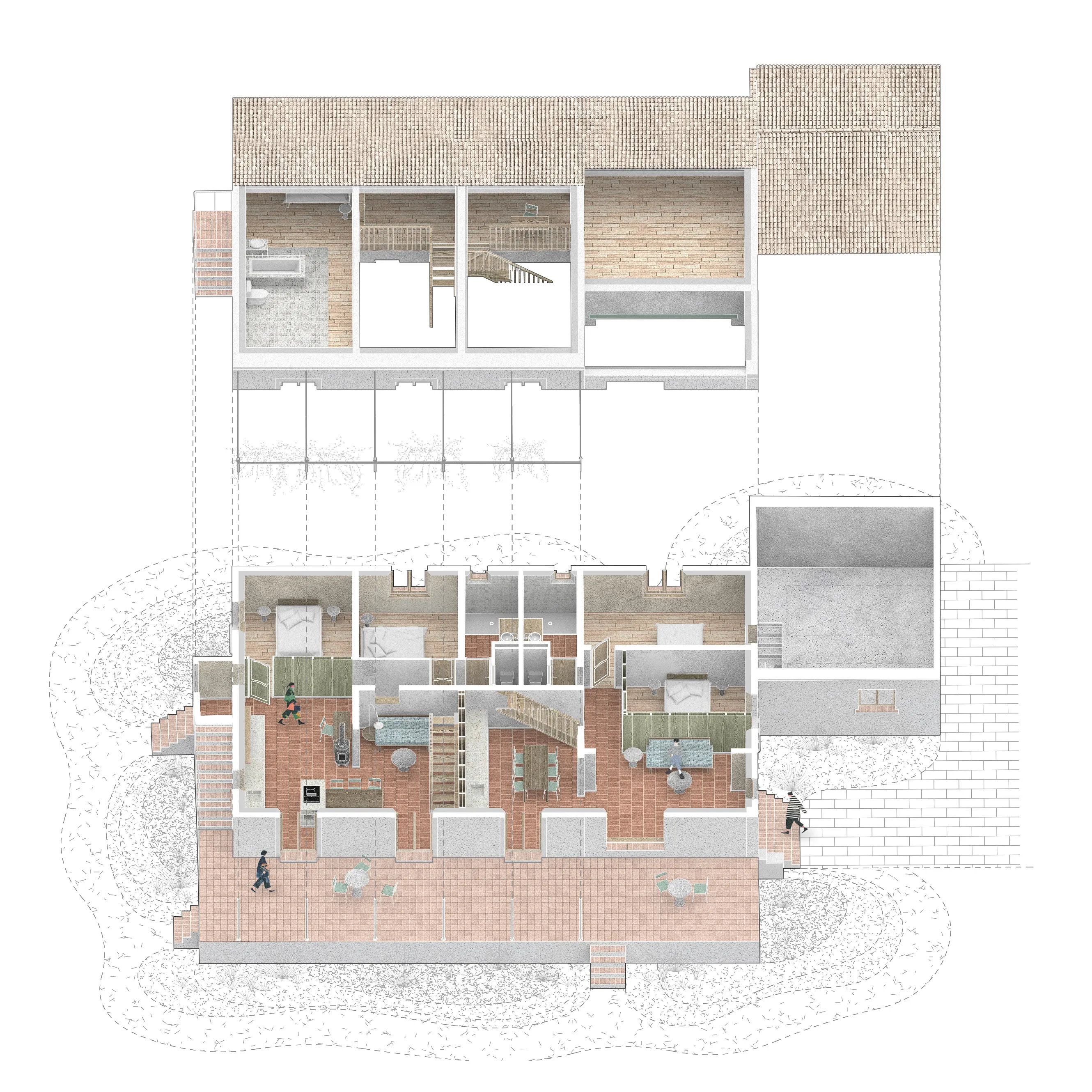 Top-down floor plan showing rooms, furniture, outdoor patios, and pathways with people walking outside.
