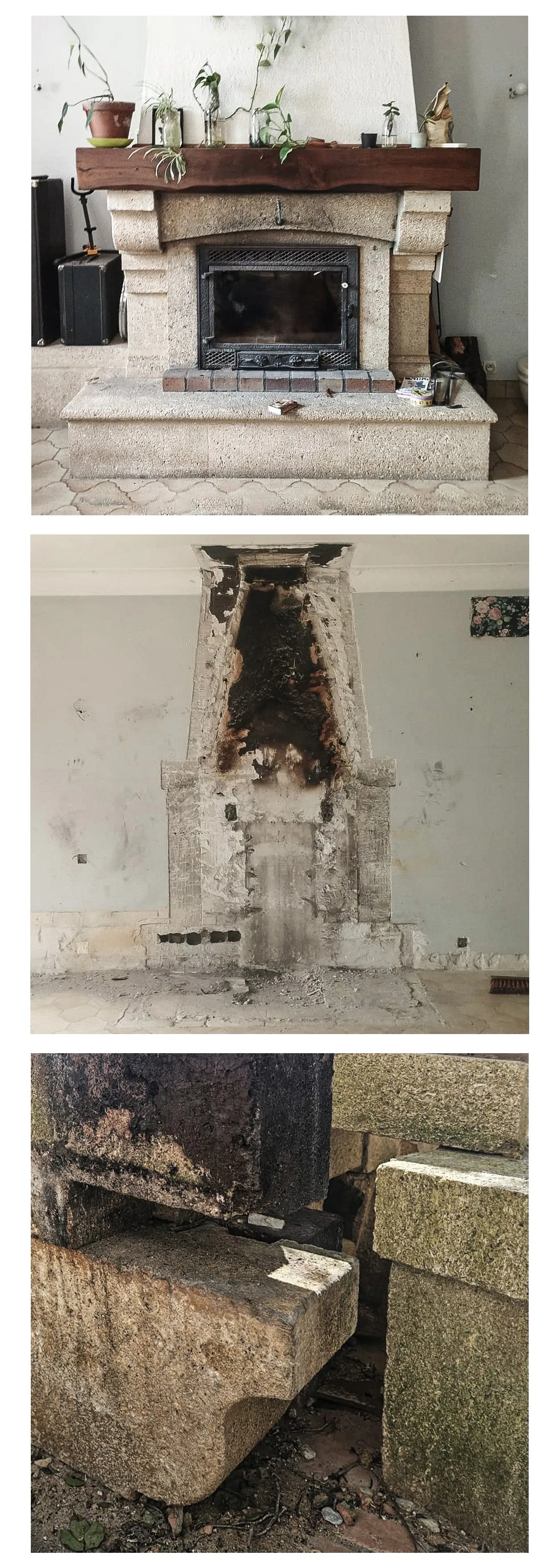 Three images showing a stone fireplace: intact with plants, burned and damaged wall, and close-up of stone blocks.