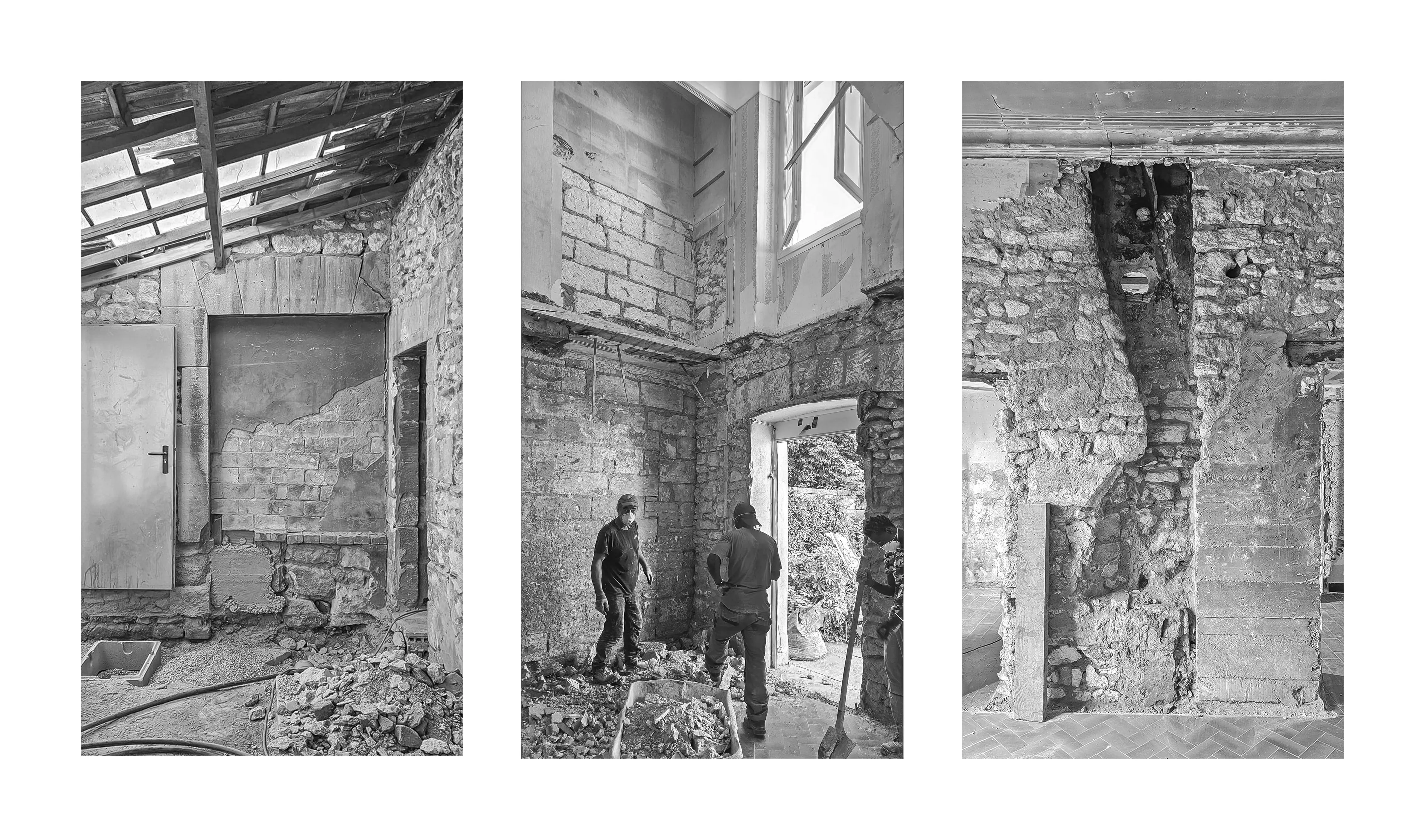 Three black and white images of stone walls and workers renovating an old building under construction.