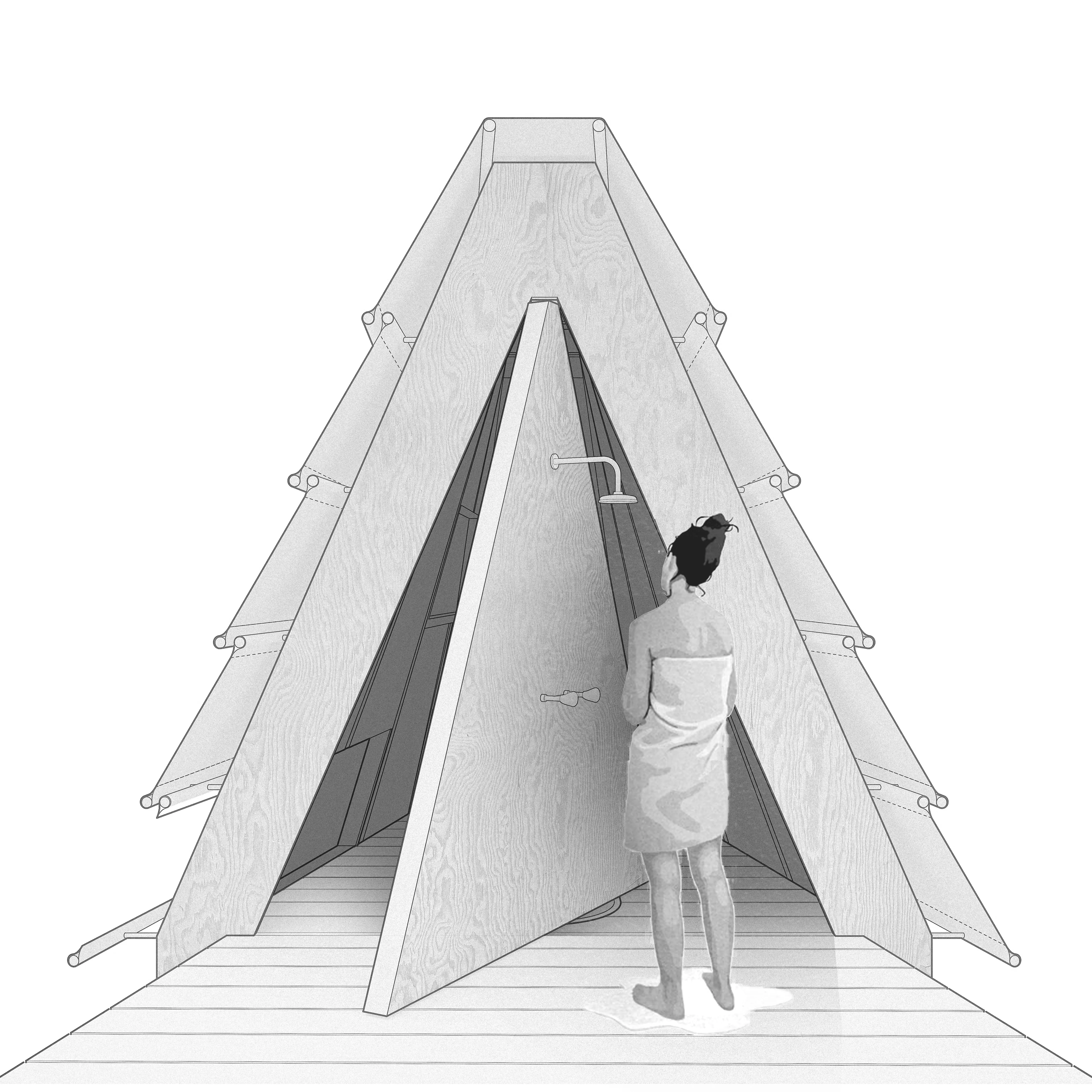 A person wrapped in a towel stands in front of an outdoor wooden shower with an A-frame shelter.