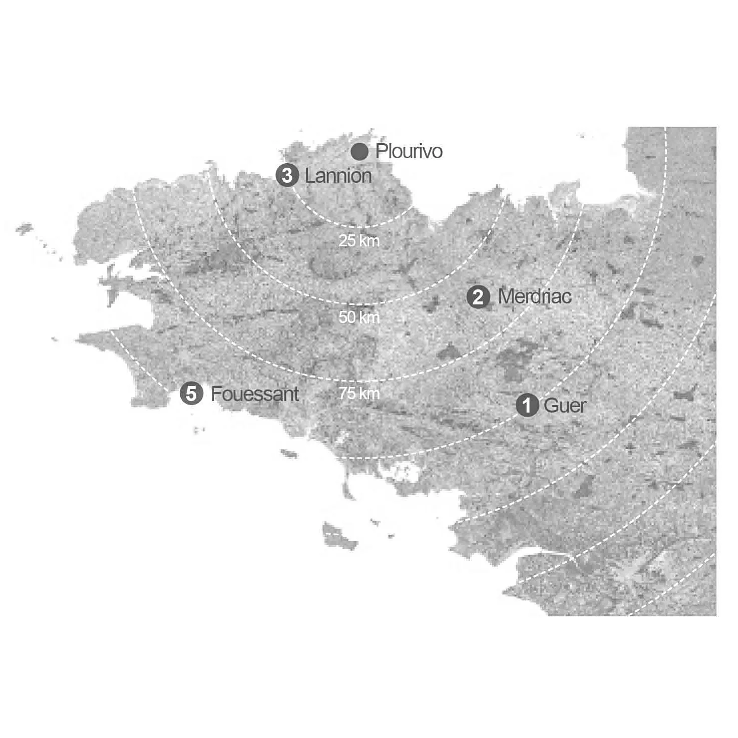 Map of northwest France with labeled towns and concentric circles marking distances of 25, 50, and 75 km.