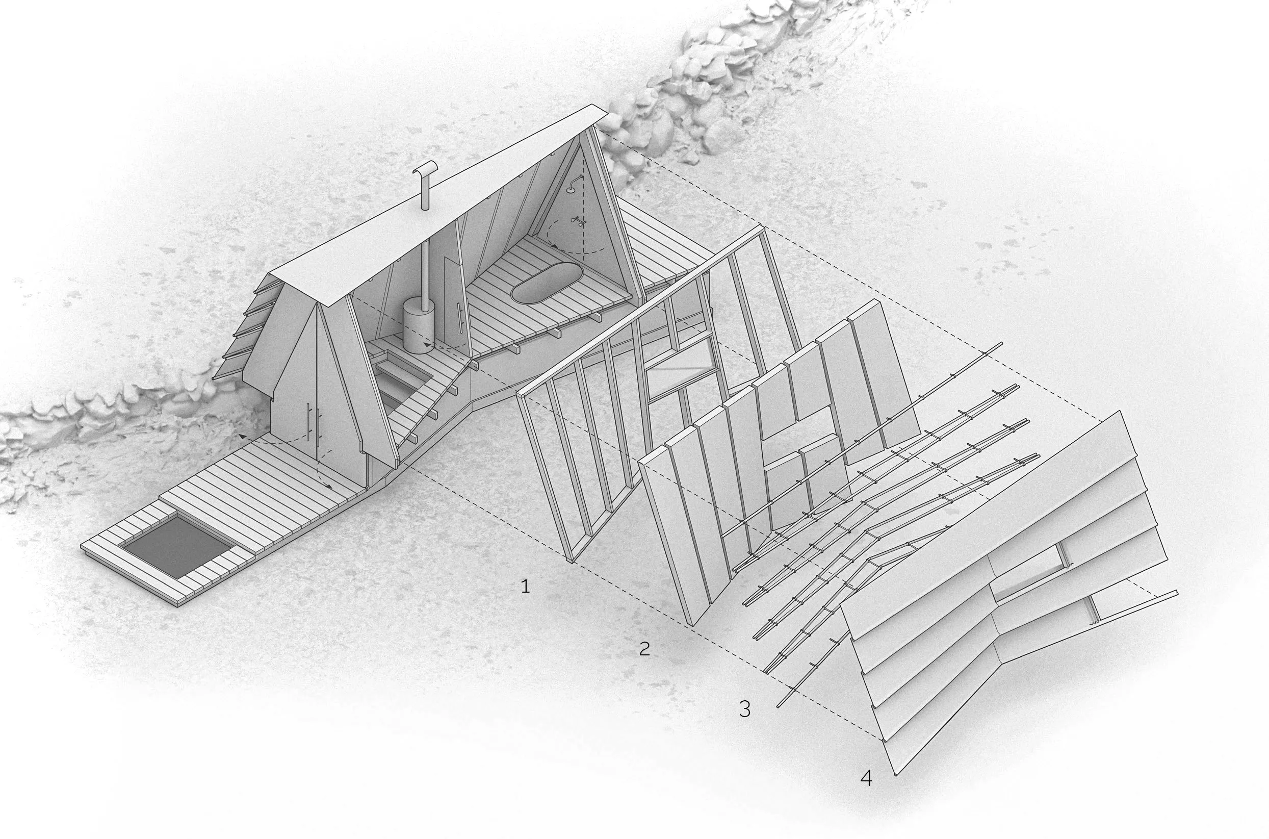 Exploded axonometric drawing showing an A-frame cabin's construction with numbered layers of framing and siding.