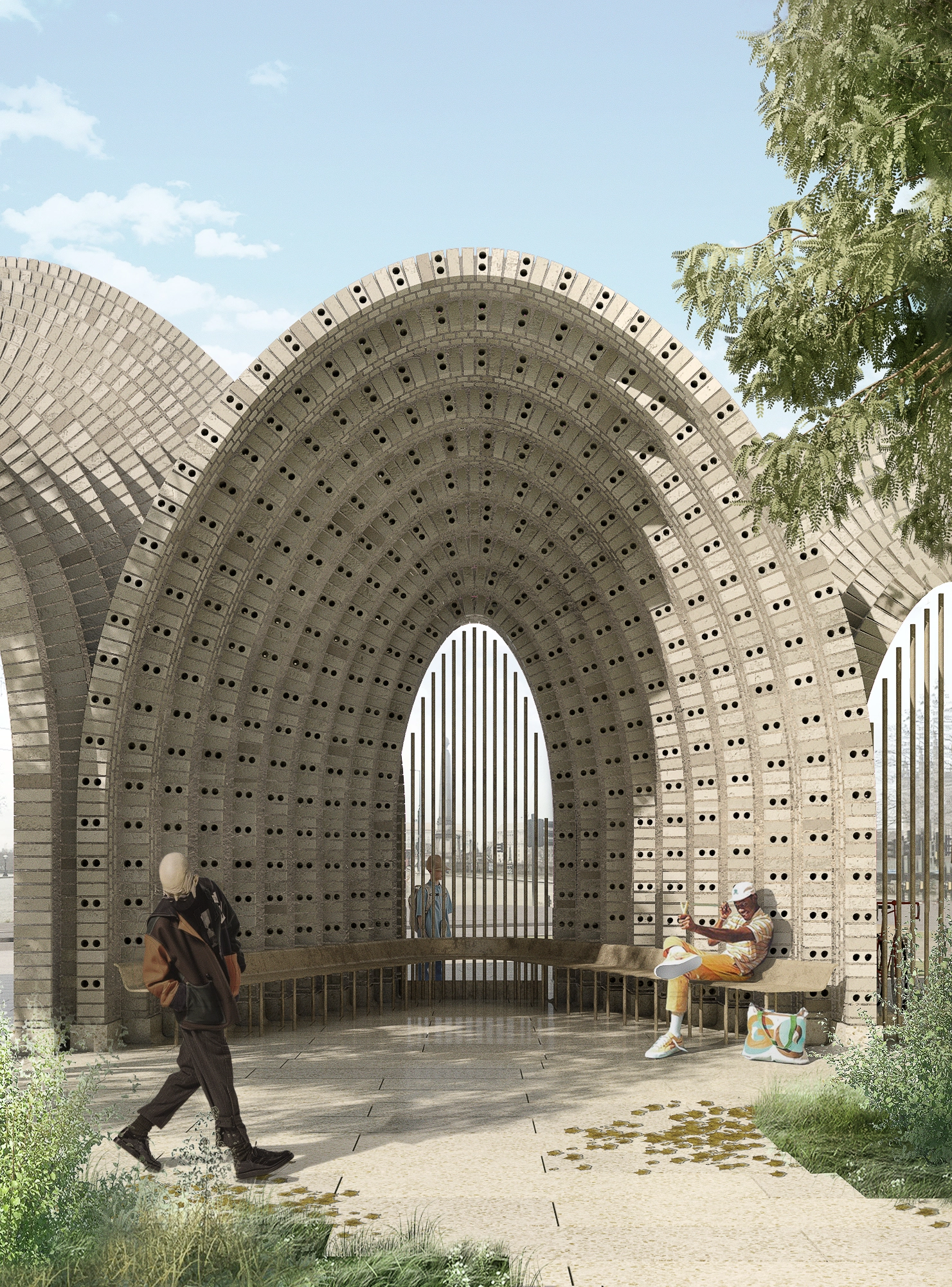 Outdoor arched stone structure with bench seating; two people sitting and one person walking nearby.