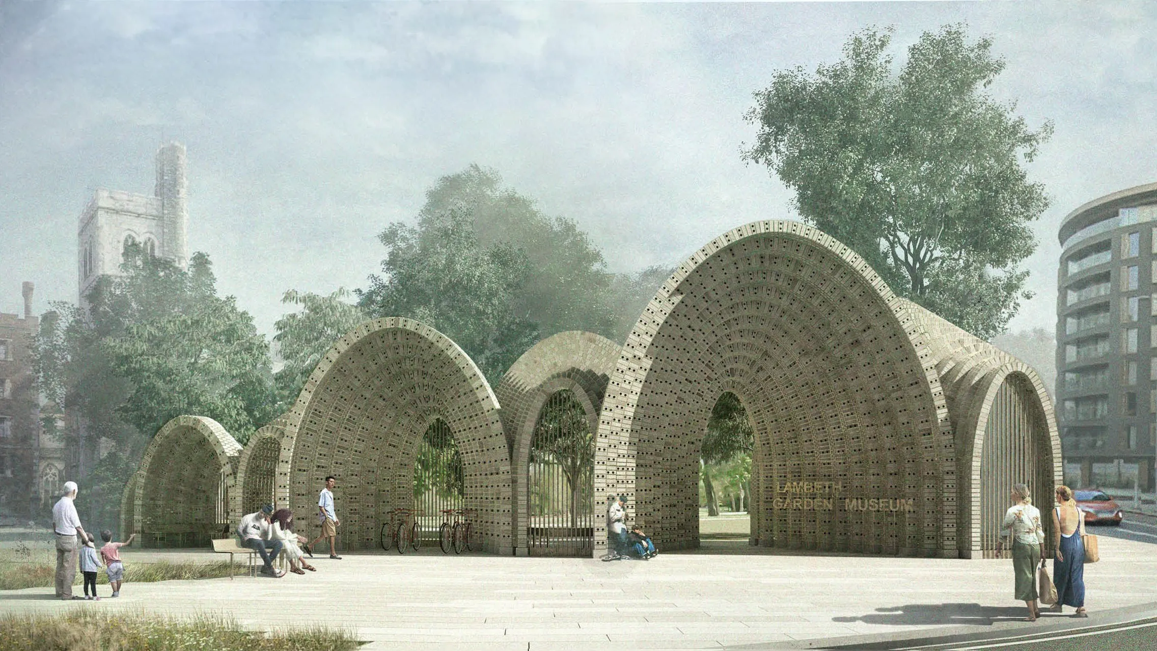 Curved brick arch entrance labeled 'Lambeth Garden Museum' with people and trees around it.