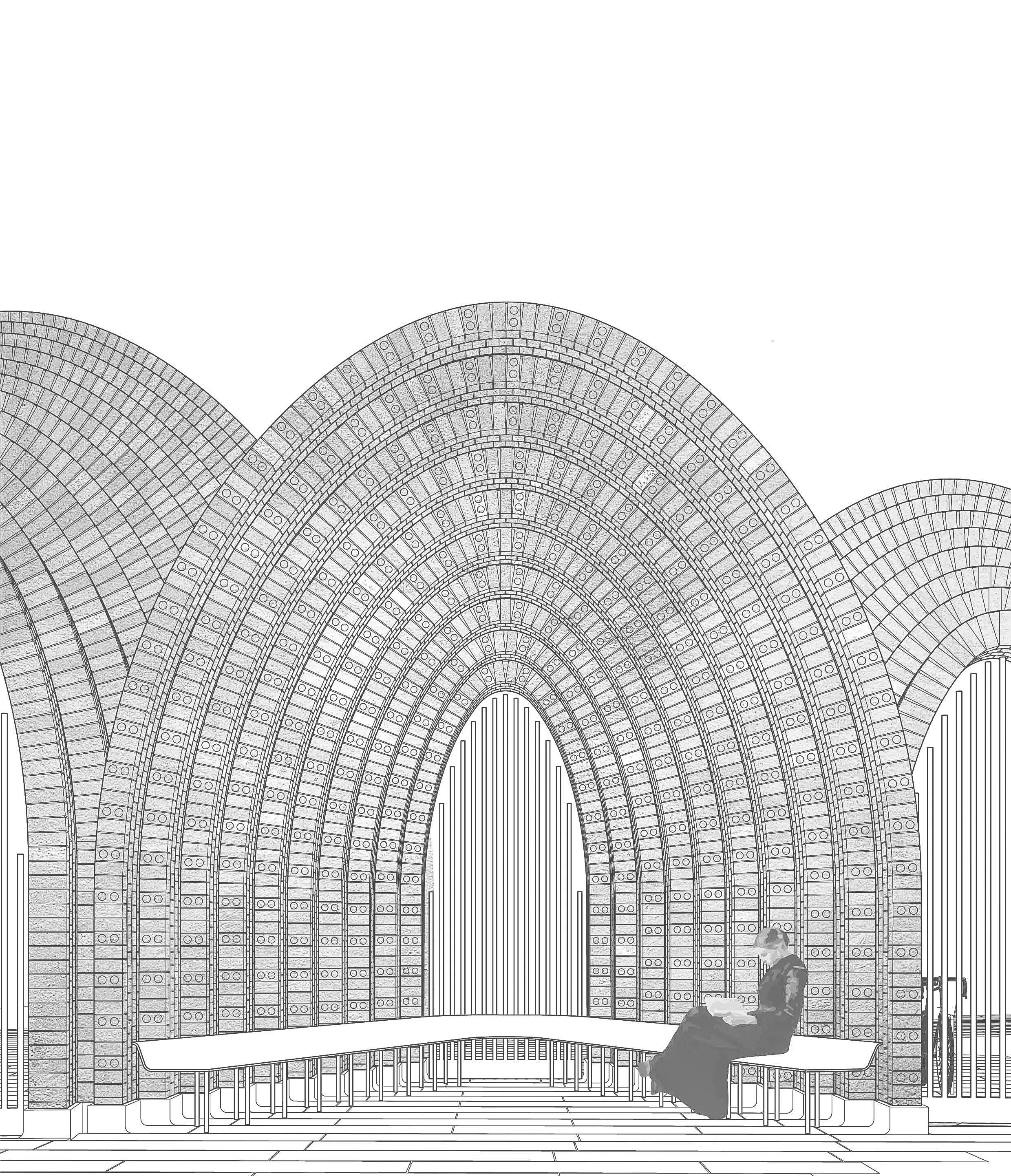 Architectural sketch of arched brick vaults and a person sitting on a curved bench reading.