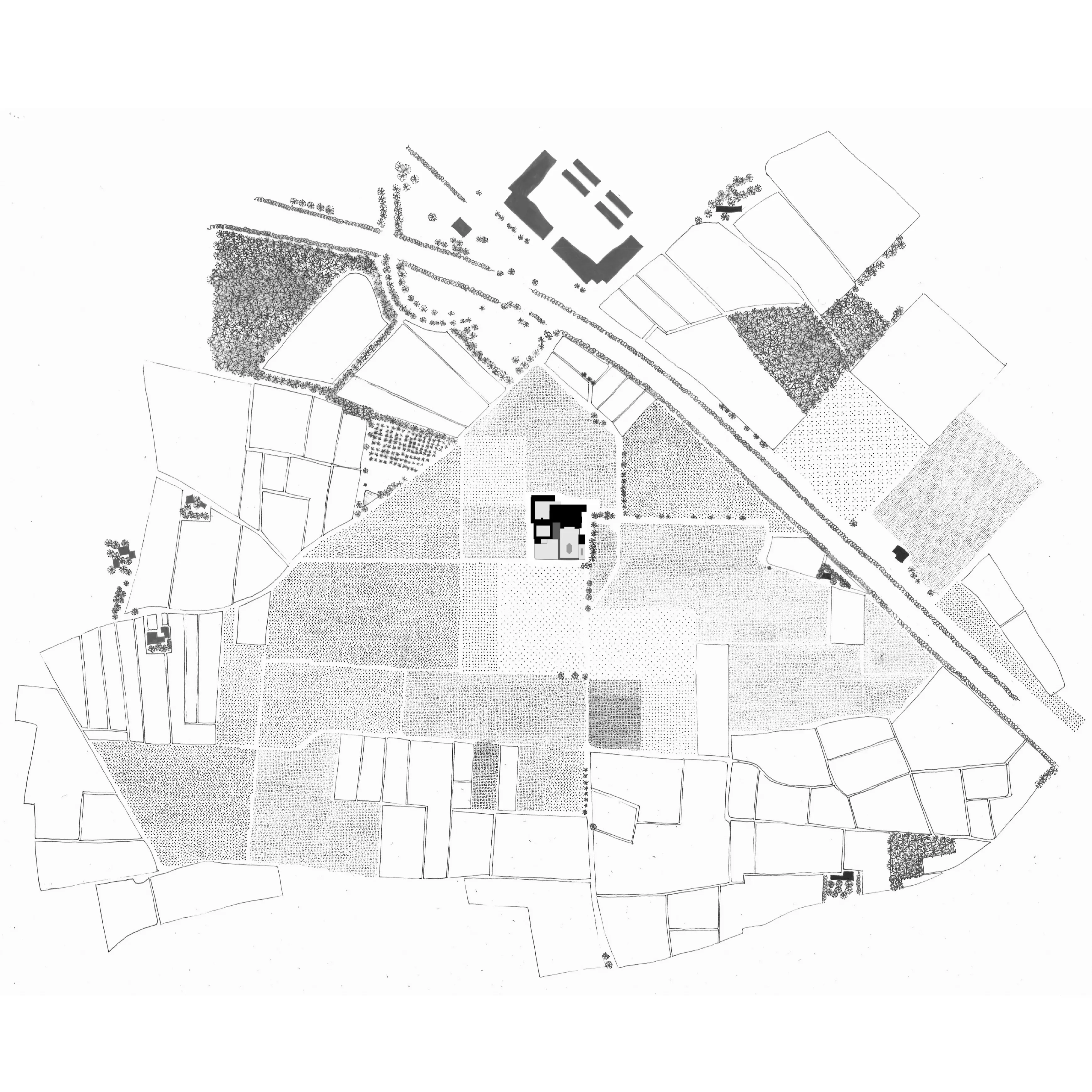 Black and white aerial map showing farmland plots, buildings, roads, and tree clusters.