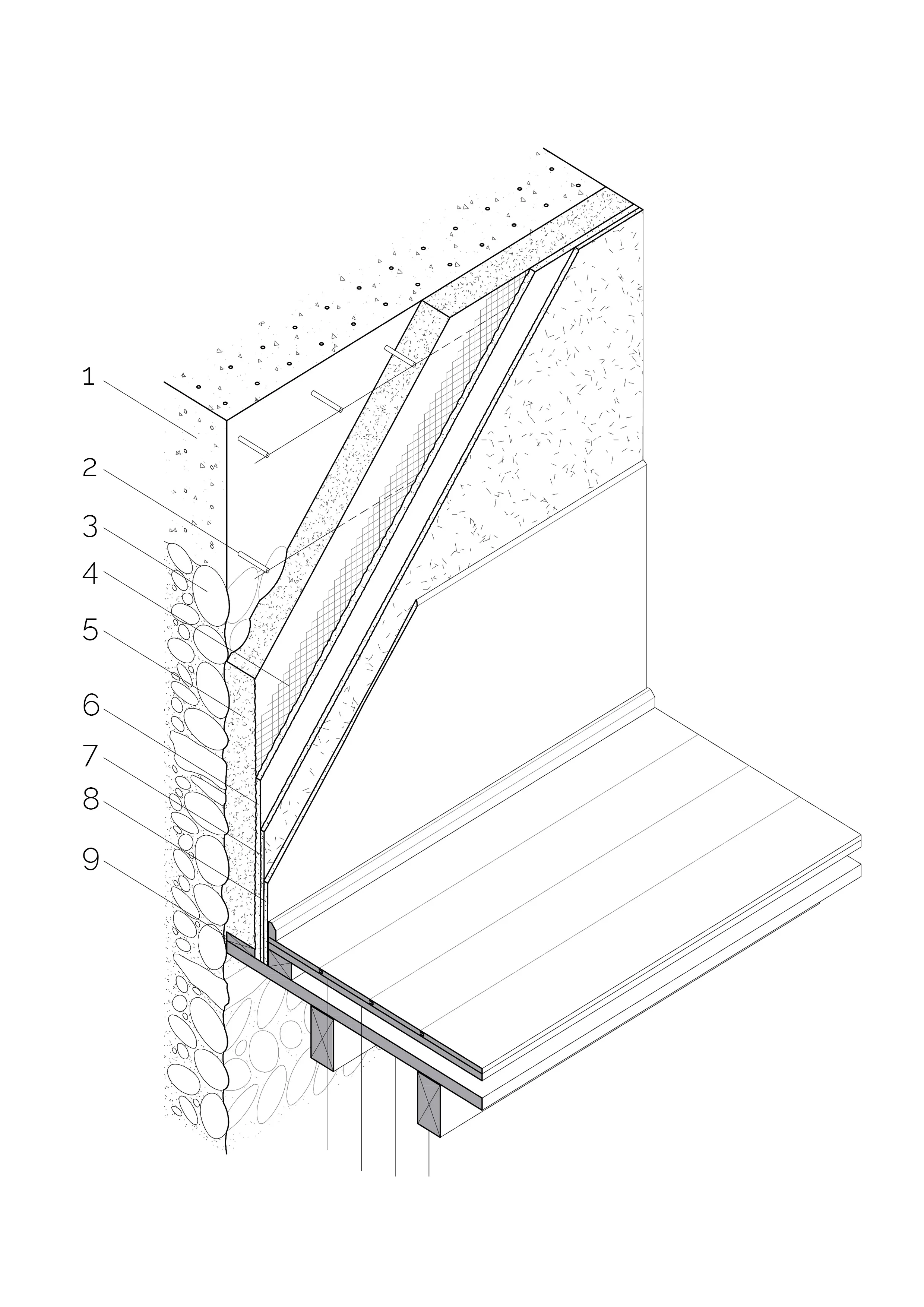 Black and white architectural cross-section showing layered wall and floor components labeled 1 to 9.