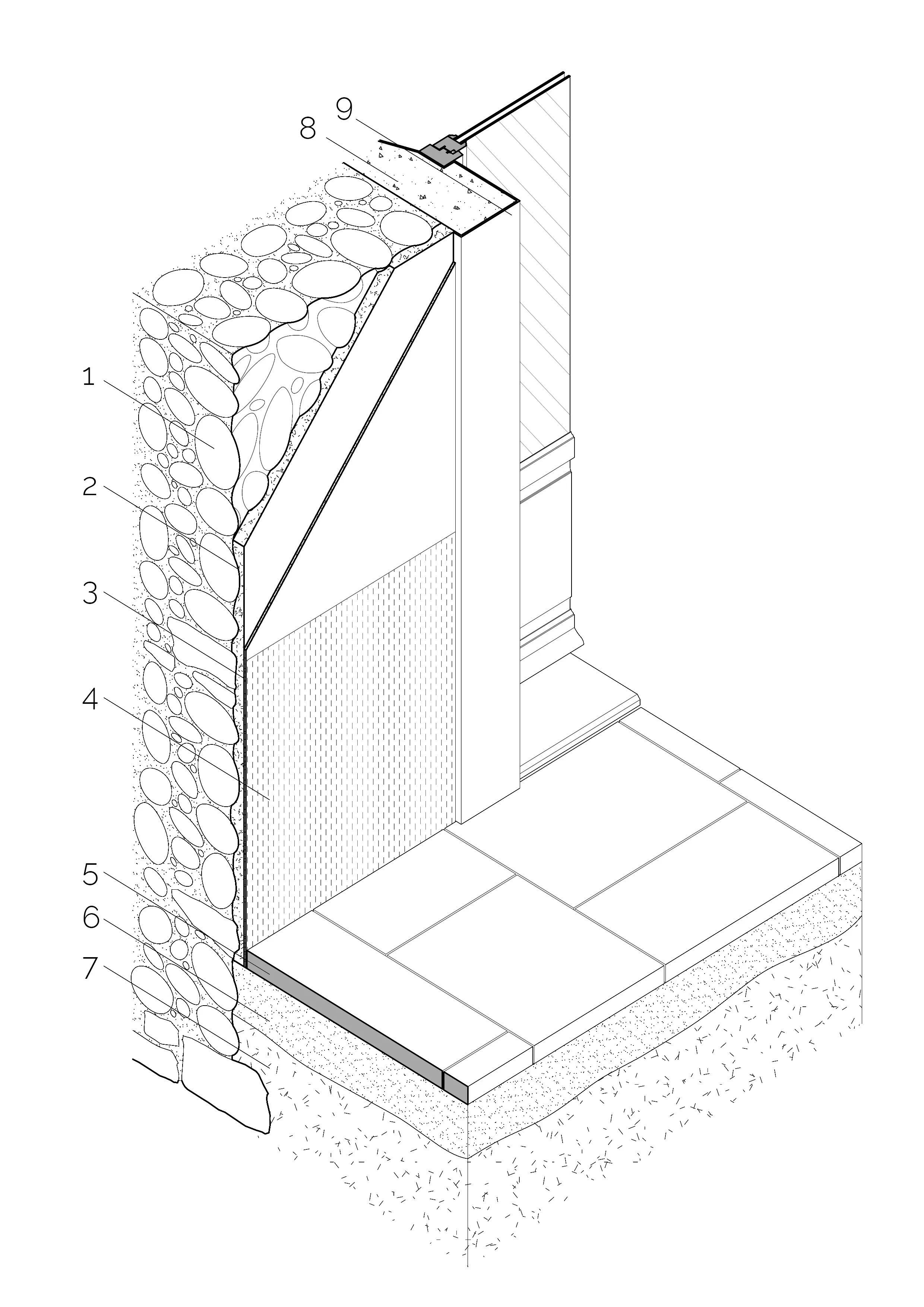 Isometric cross-section of a layered stone wall with numbered parts and adjacent tiled floor.