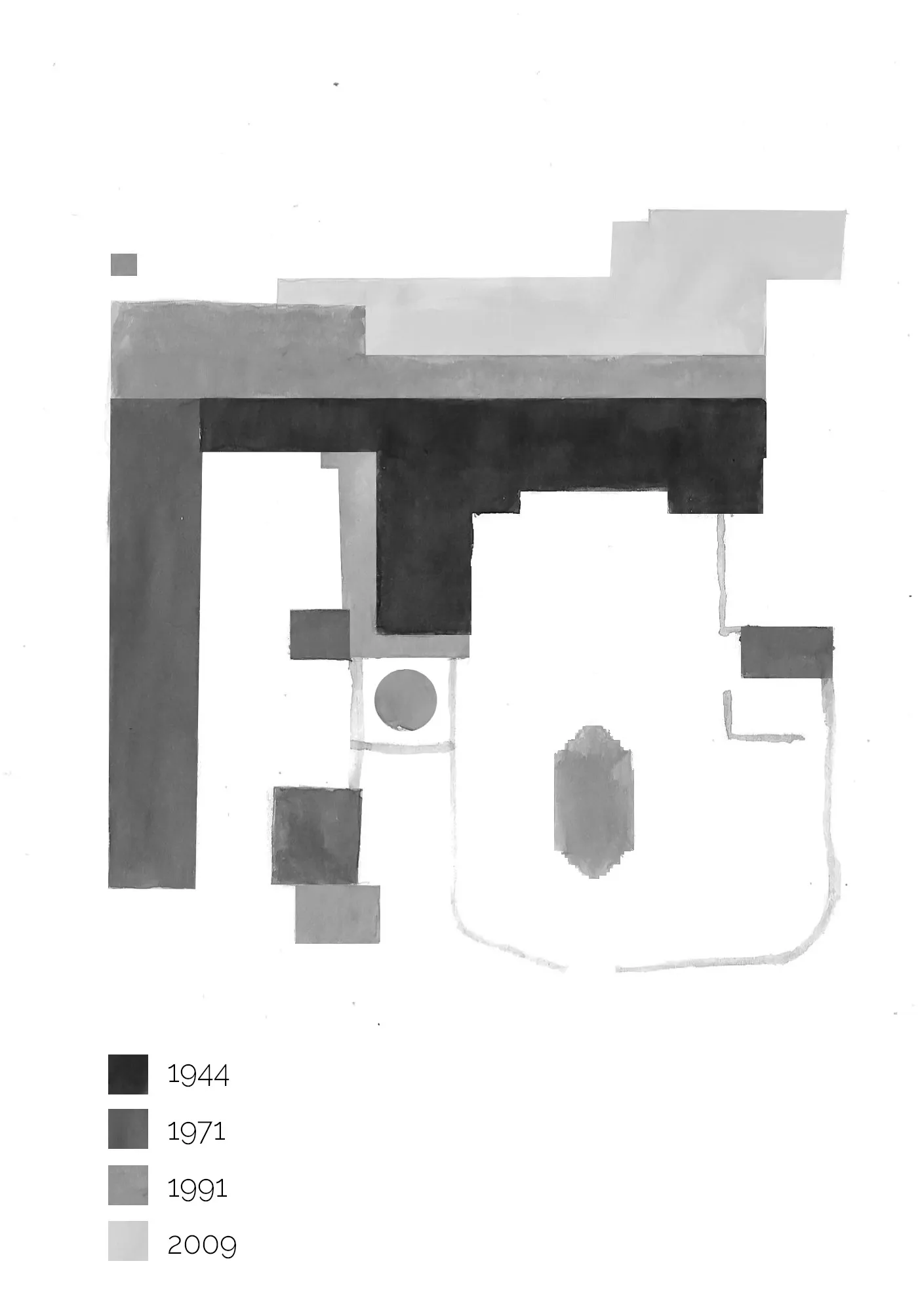 Building floor plan with sections shaded by four construction years: 1944, 1971, 1991, and 2009.