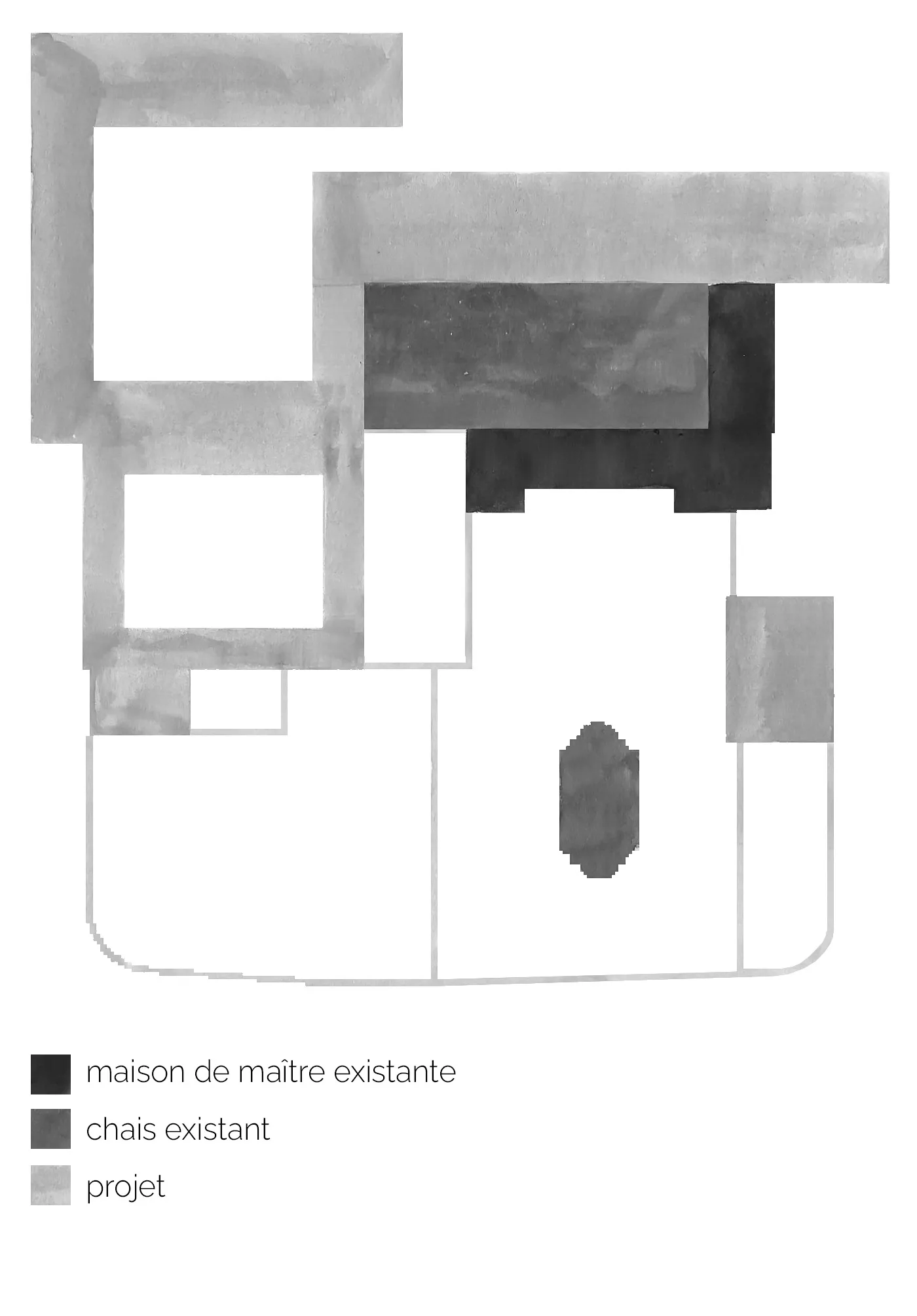 Site plan showing existing master house, existing winery buildings, and proposed project areas in different gray shades.
