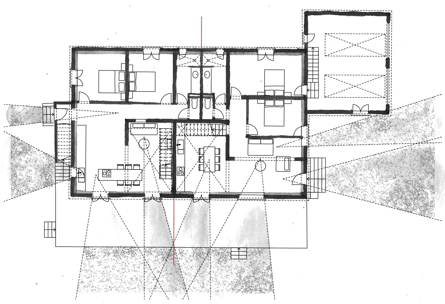 Architectural floor plan showing rooms, furniture layout, and window views with outdoor landscaping.