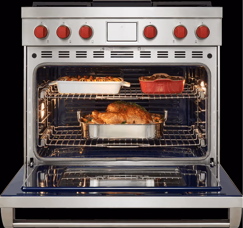 Wolf oven interior showing corner-to-corner heat saturation across all racks
