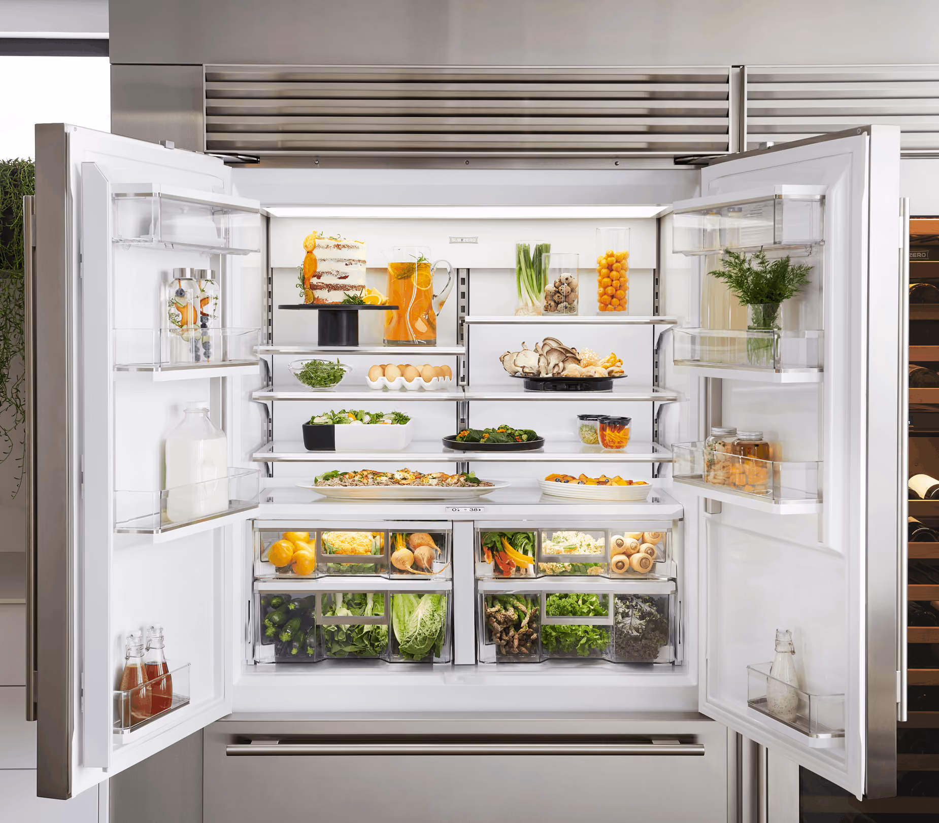 Sub-Zero refrigerator interior showing dual refrigeration with separate cooling systems