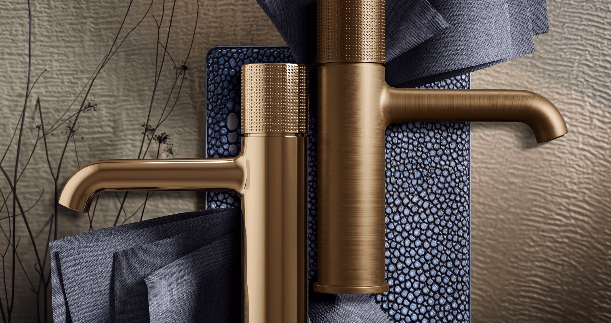 Gessi Habito collection featuring woven metal patterns and finishes