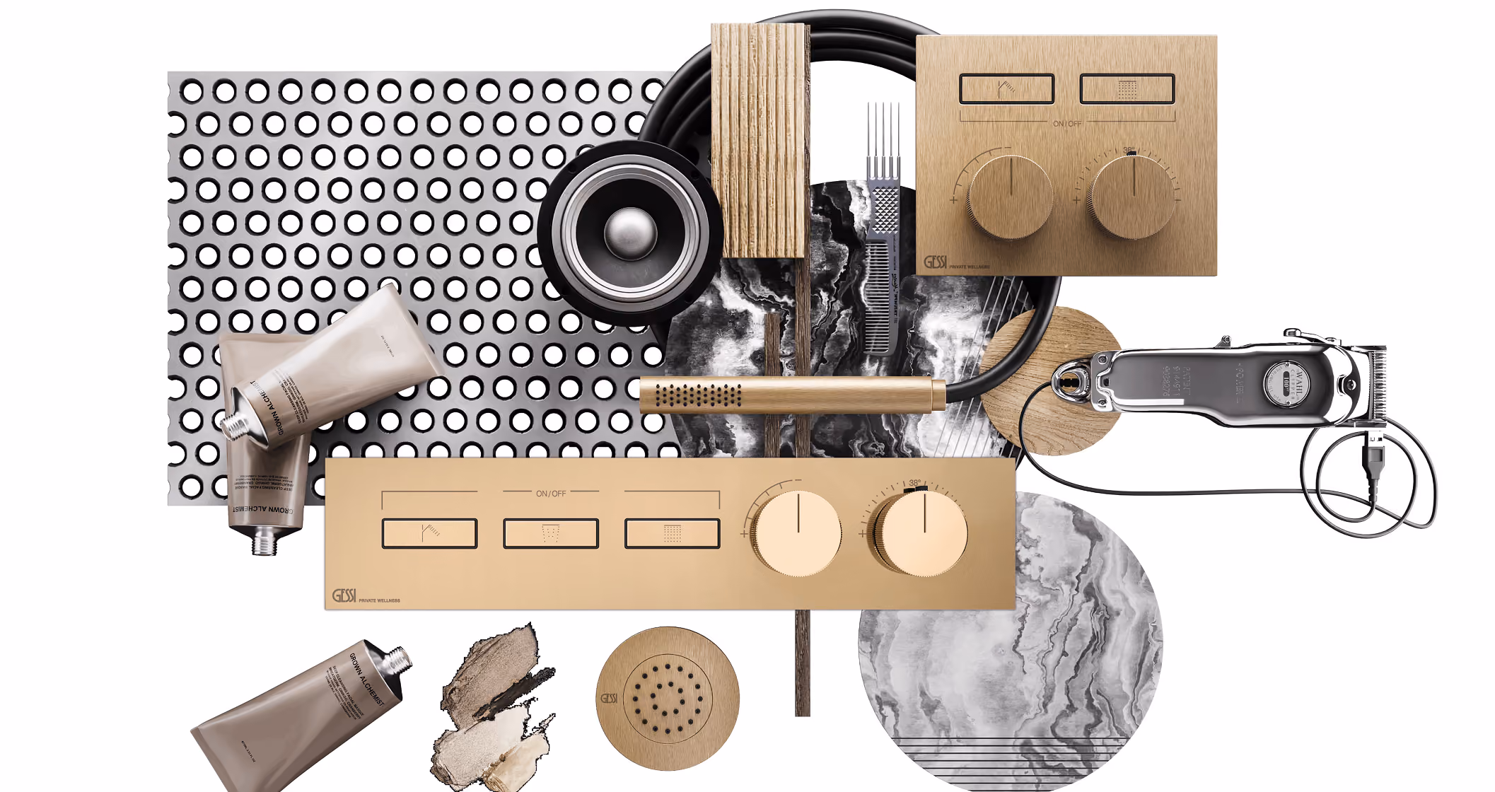 Gessi Equilibrio collection combining wood, stone and metal elements