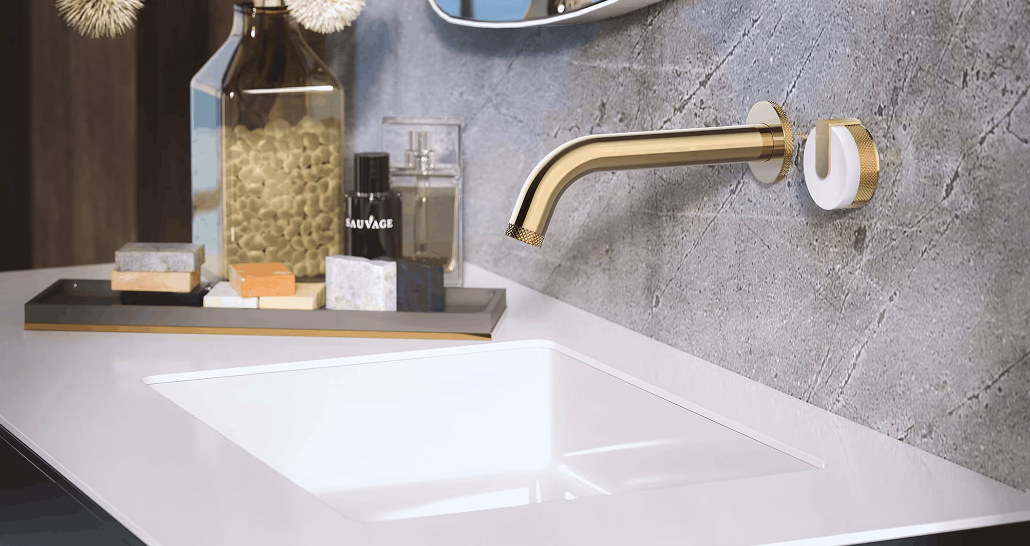 GRAFF MOD+ modular faucet with marble handle covers and mixed brass finishes