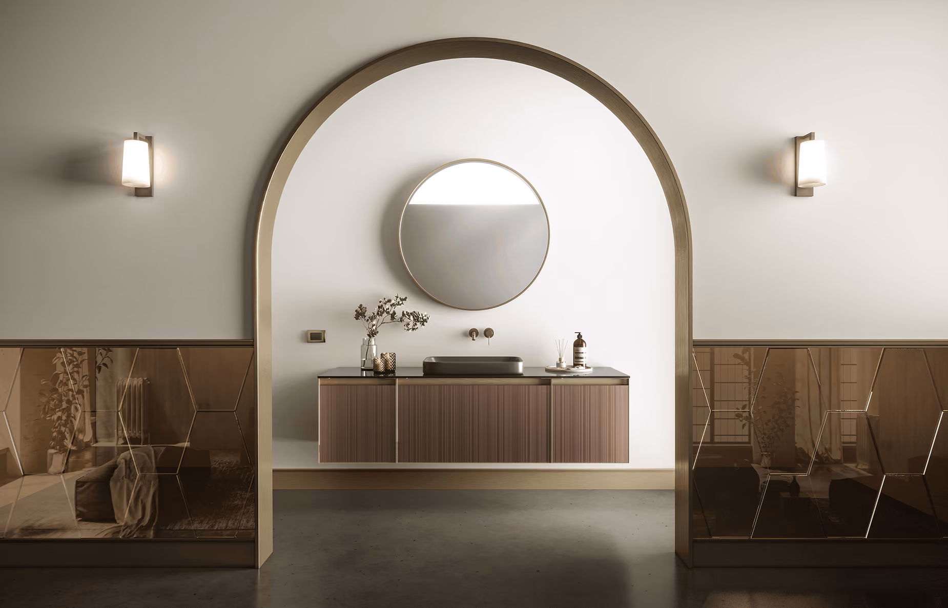 Artelinea glass bathroom surface with high-gloss clarity and refined textured detail