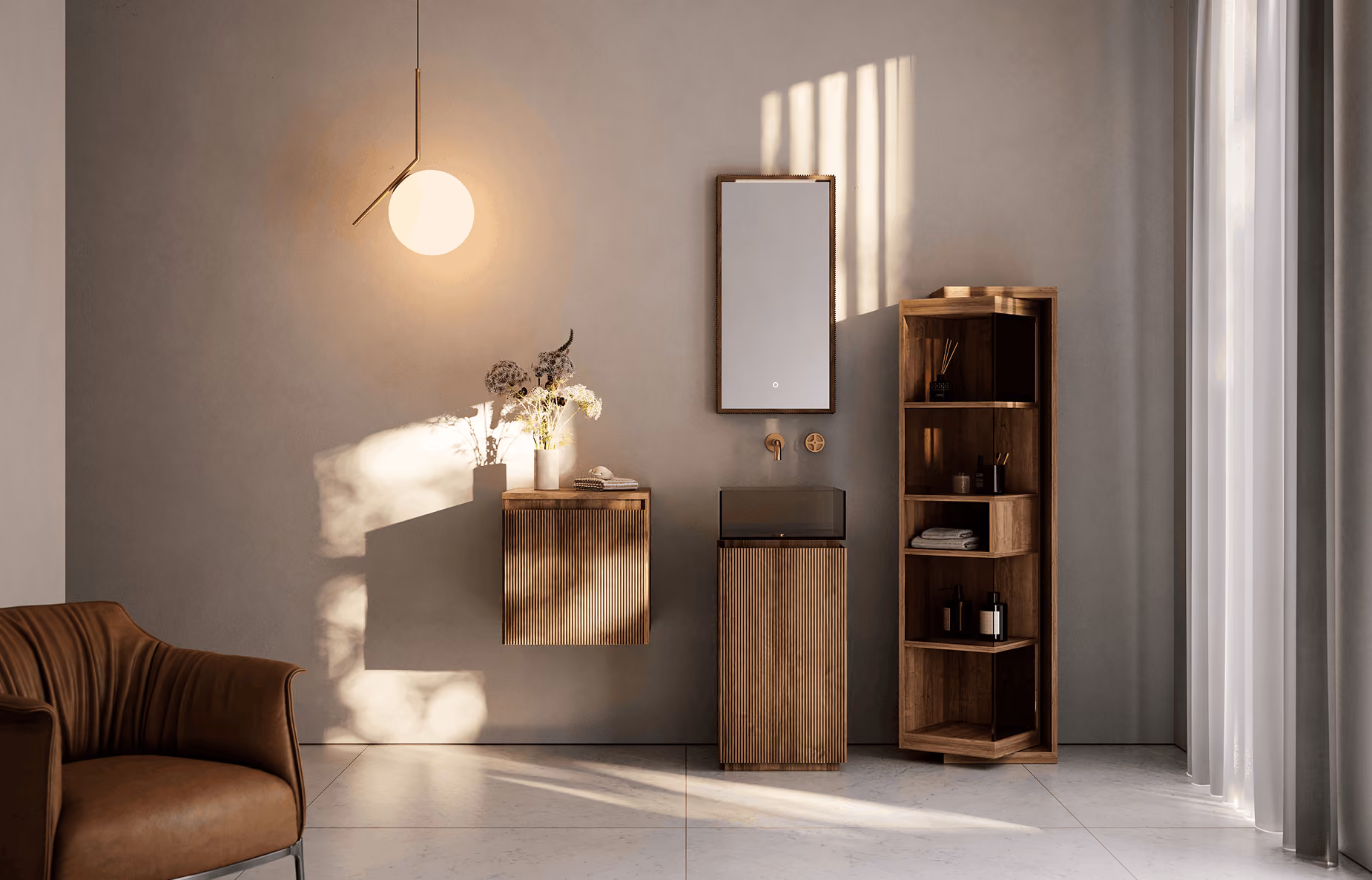Artelinea bathroom furniture in glass with clean lines and seamless finishes
