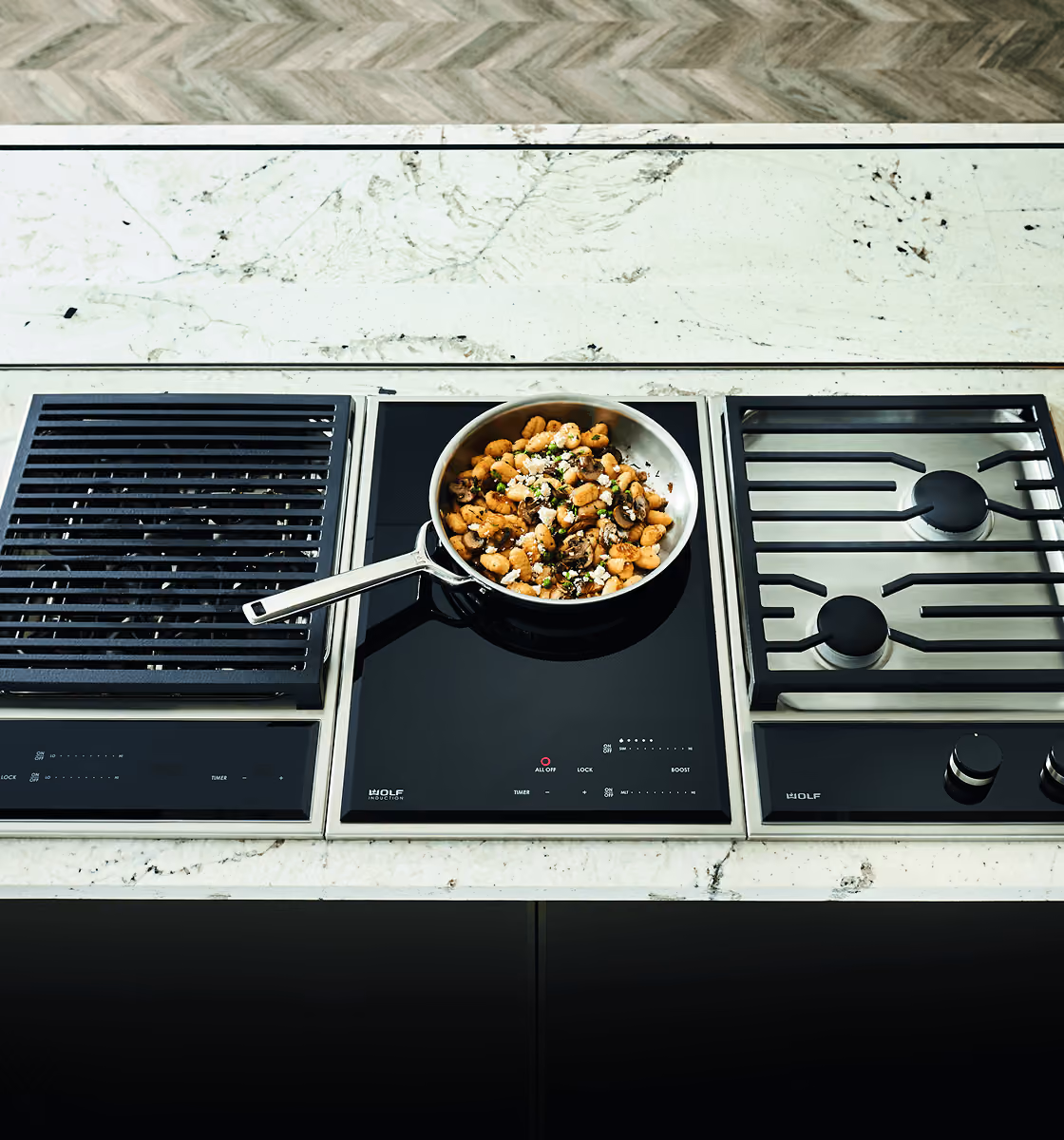 Wolf integrated cooktop set flush into a kitchen worktop