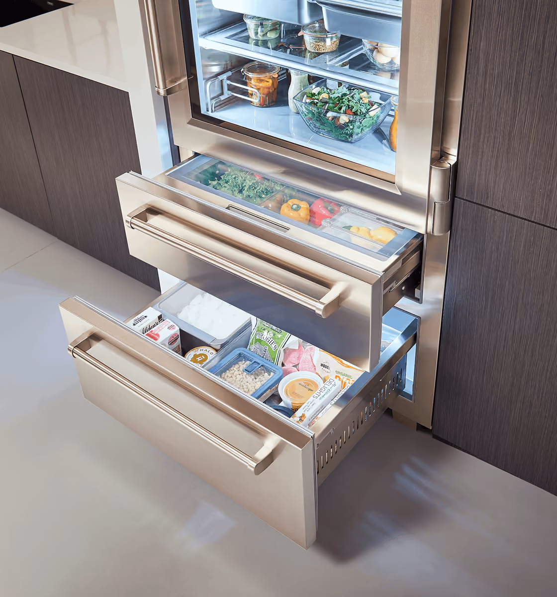 Sub-Zero integrated refrigerator with adjustable shelving and interior lighting