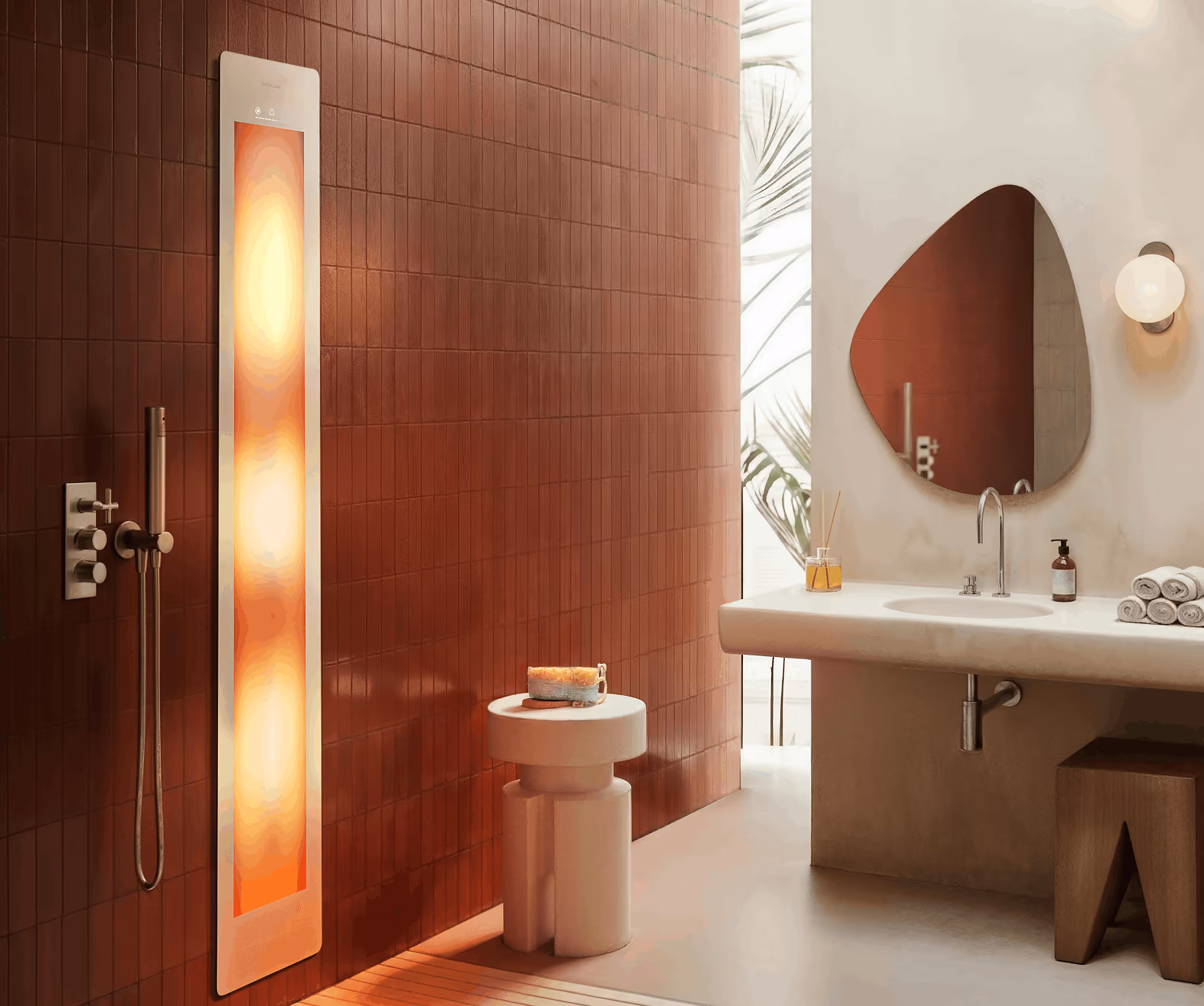 Sunshower infrared shower panel delivering warming infrared therapy
