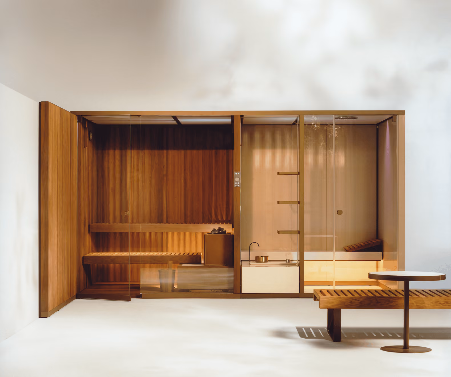 Effe integrated sauna and steam installation built into a bathroom interior