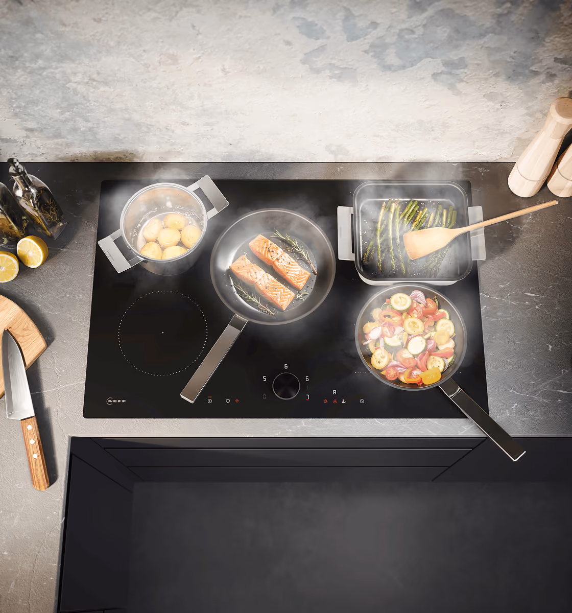 NEFF induction cooktop with flush glass surface and touch controls