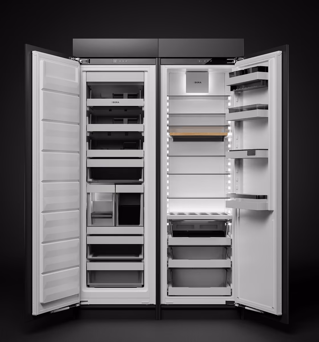 BORA refrigerator with integrated cabinetry-matched front