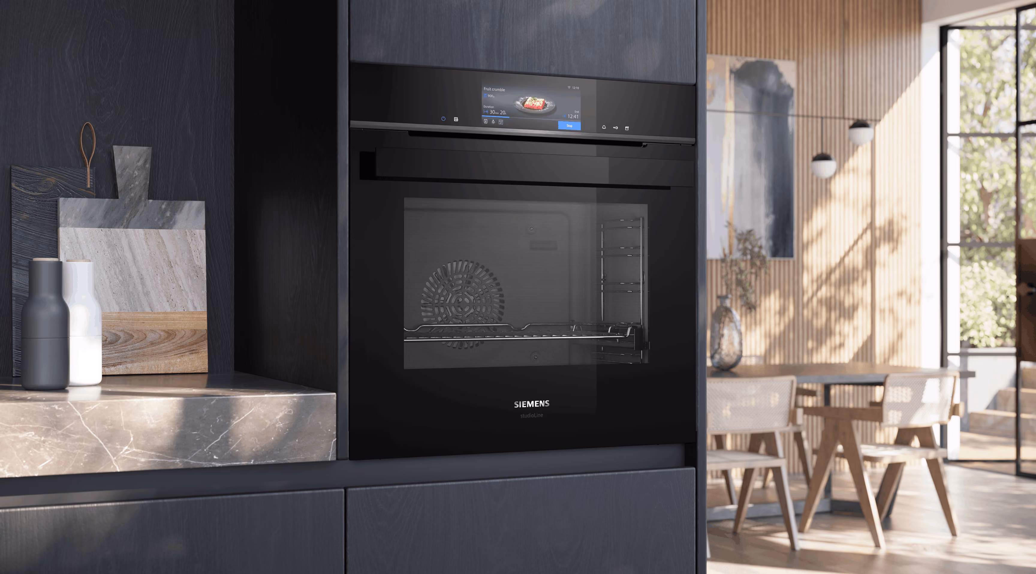 Siemens studioLine appliances in brushed blackSteel with handleless design