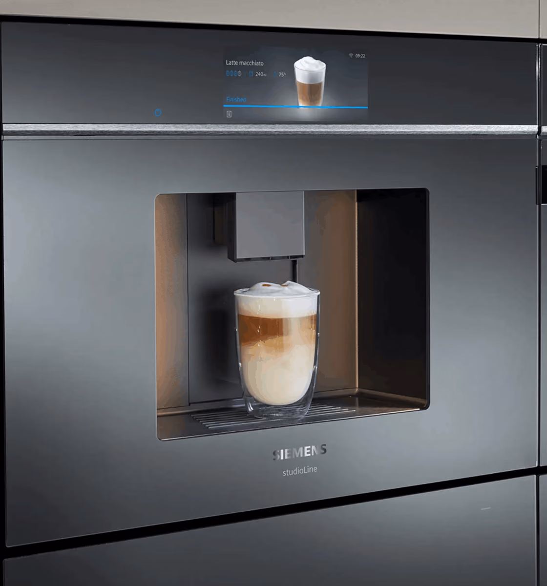 Siemens built-in coffee machine integrated into kitchen cabinetry