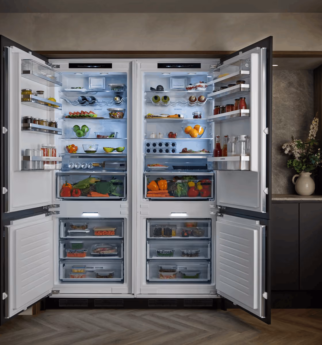 Siemens integrated refrigerator with adjustable interior shelving