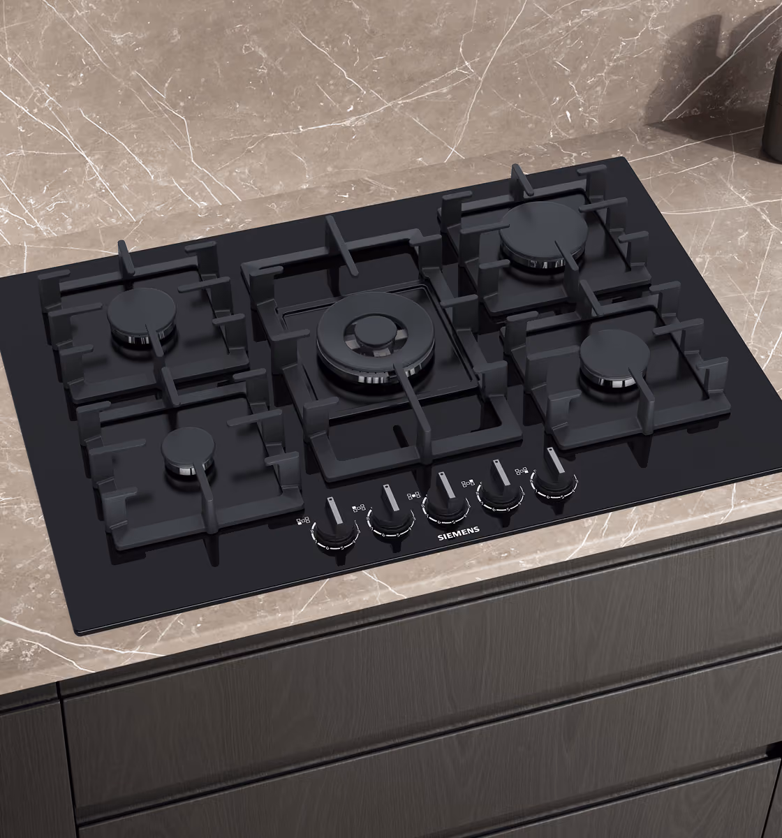 Siemens gas cooktop with cast pan supports and precise burner control