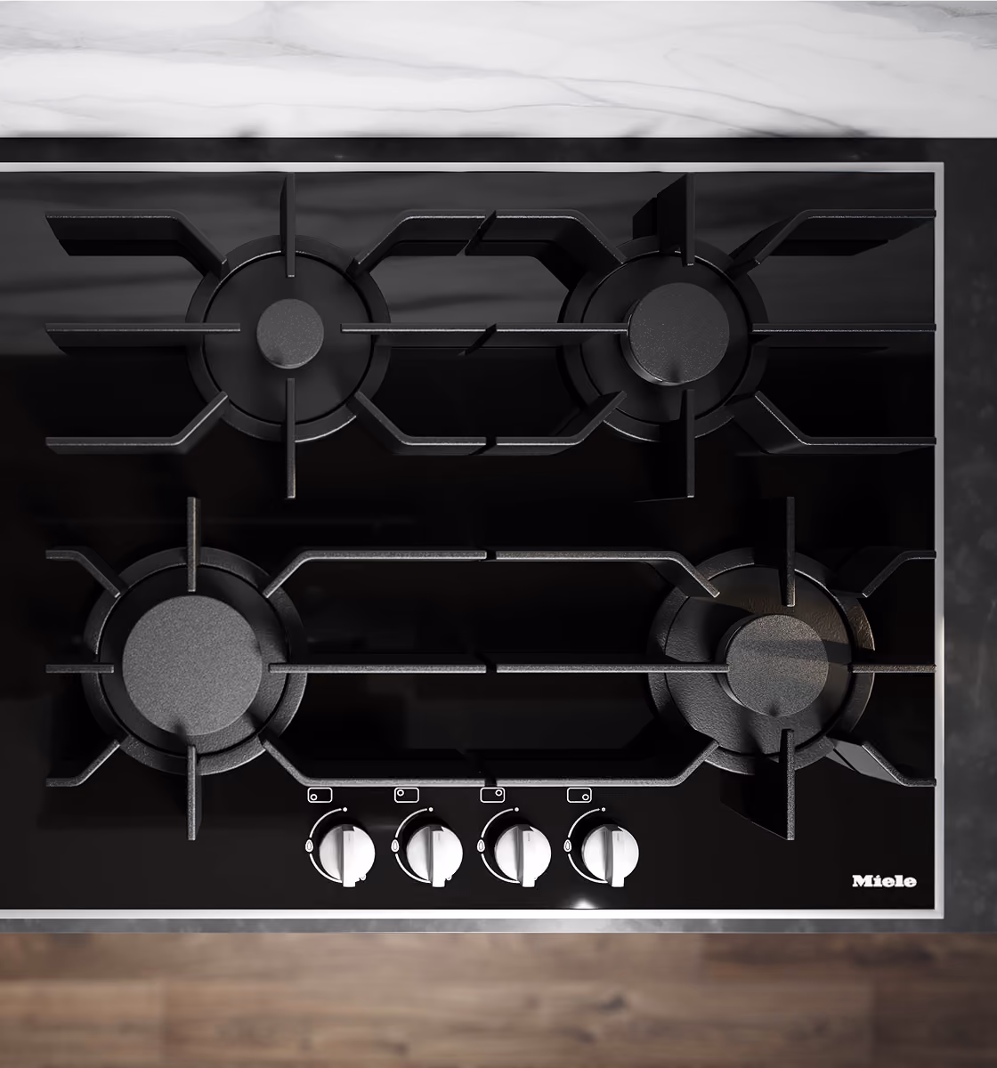 Miele gas cooktop with cast pan supports and precise burner control