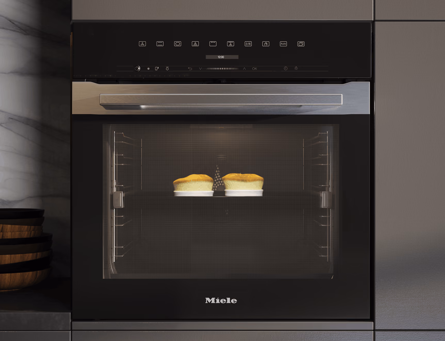 Miele PureLine appliances with horizontal lines across a wall of units