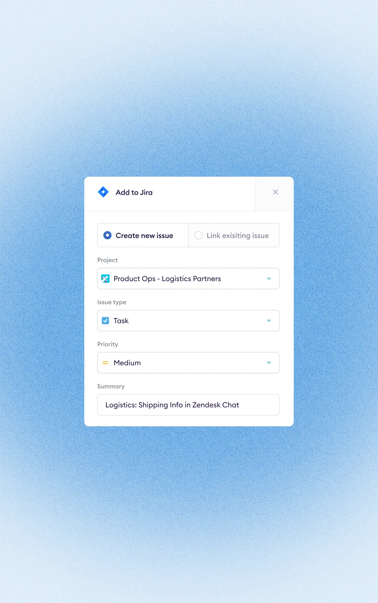 Jira interface for creating a new issue with project, task type, medium priority, and logistics summary.